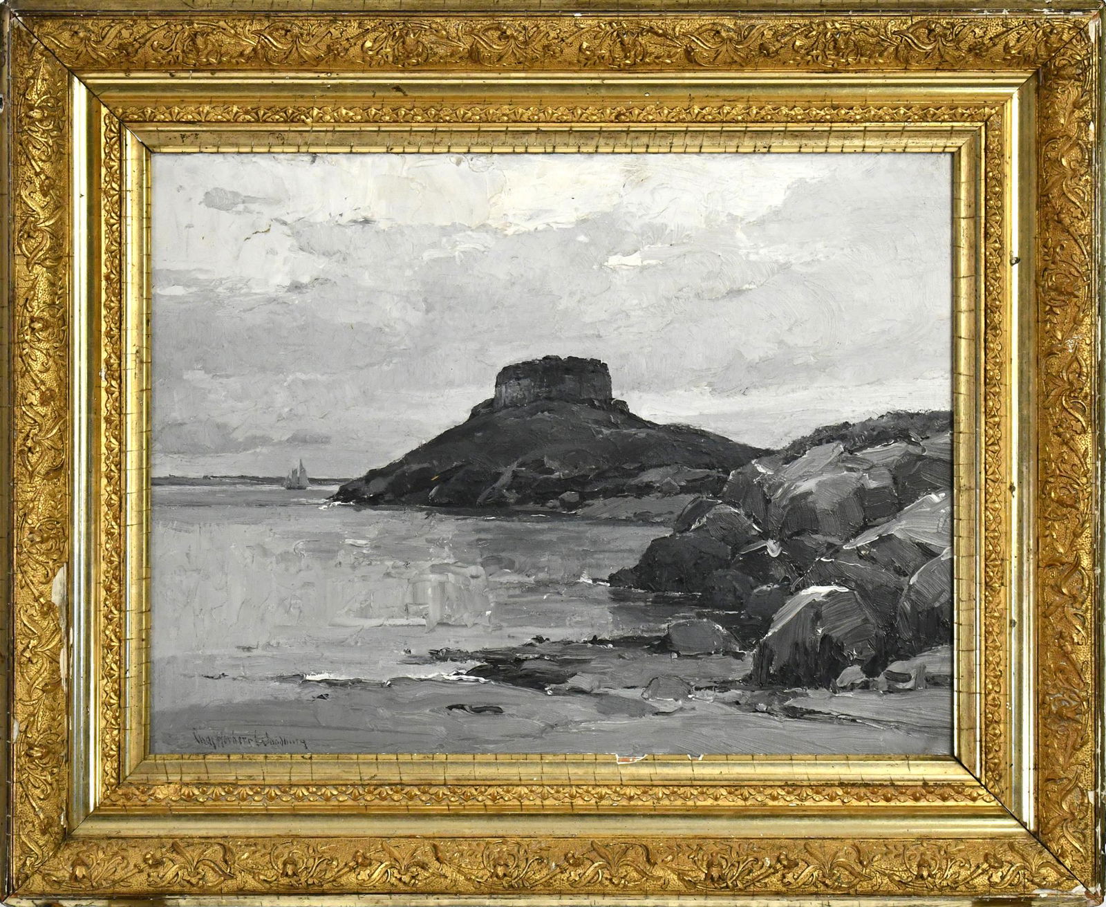 CHARLES WOODBURY OIL ON BOARD SHORELINE SCENE. (1 of 5)