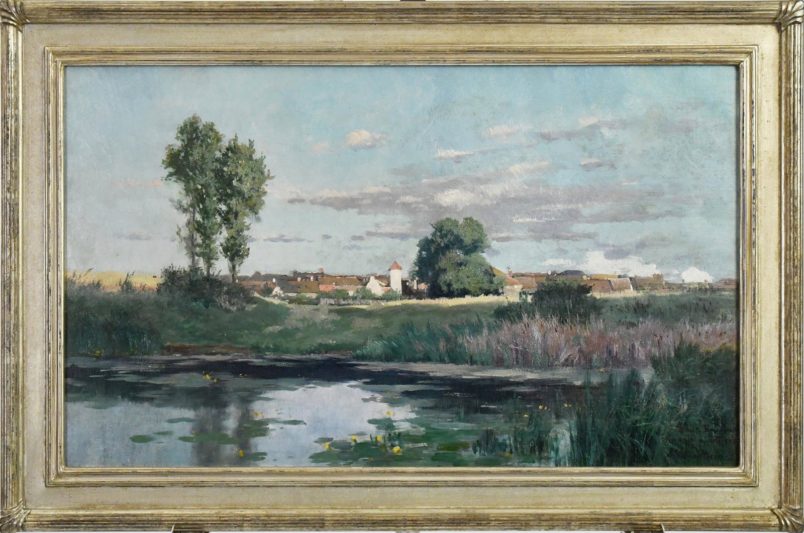 FRENCH LANDSCAPE OIL PAINTING.: French landscape painting signed Louis le Poittevin, in a silvered frame. Image 16”H x 25”W. Frame 20”H x 30”W.