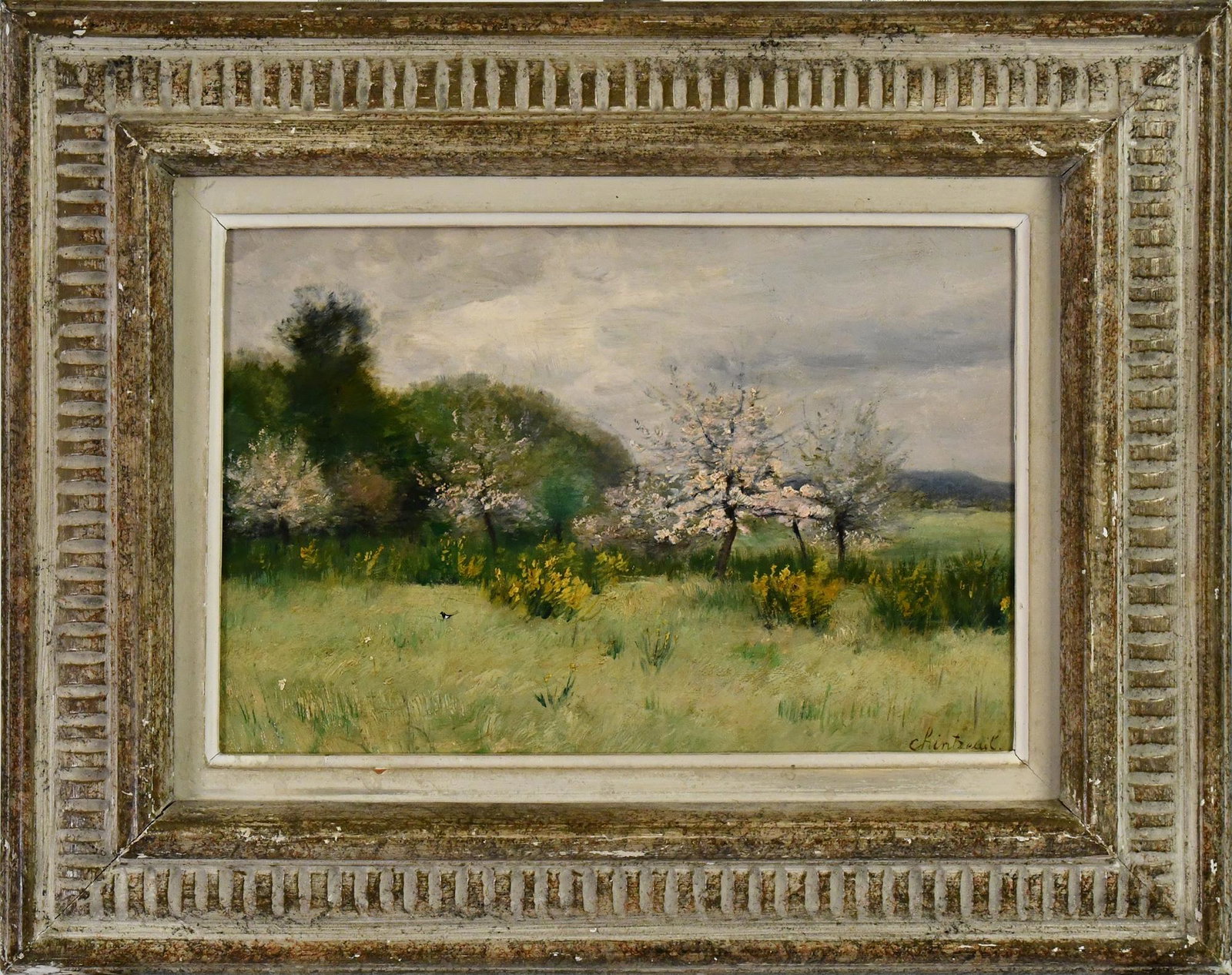 FRENCH OIL ON BOARD SPRING LANDSCAPE. (1 of 4)