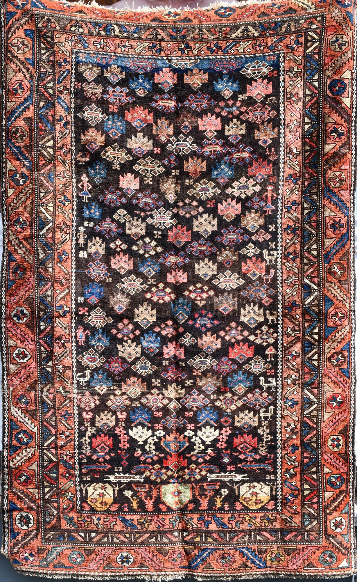 PERSIAN ANTIQUE SCATTER RUG.: Central field with classic motifs surrounded by large border. 4'4”W x 7'L.