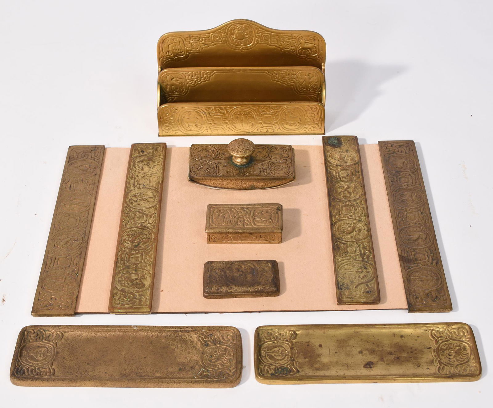 TIFFANY STUDIOS NY DORE BRONZE ZODIAC DESK SET. (1 of 4)