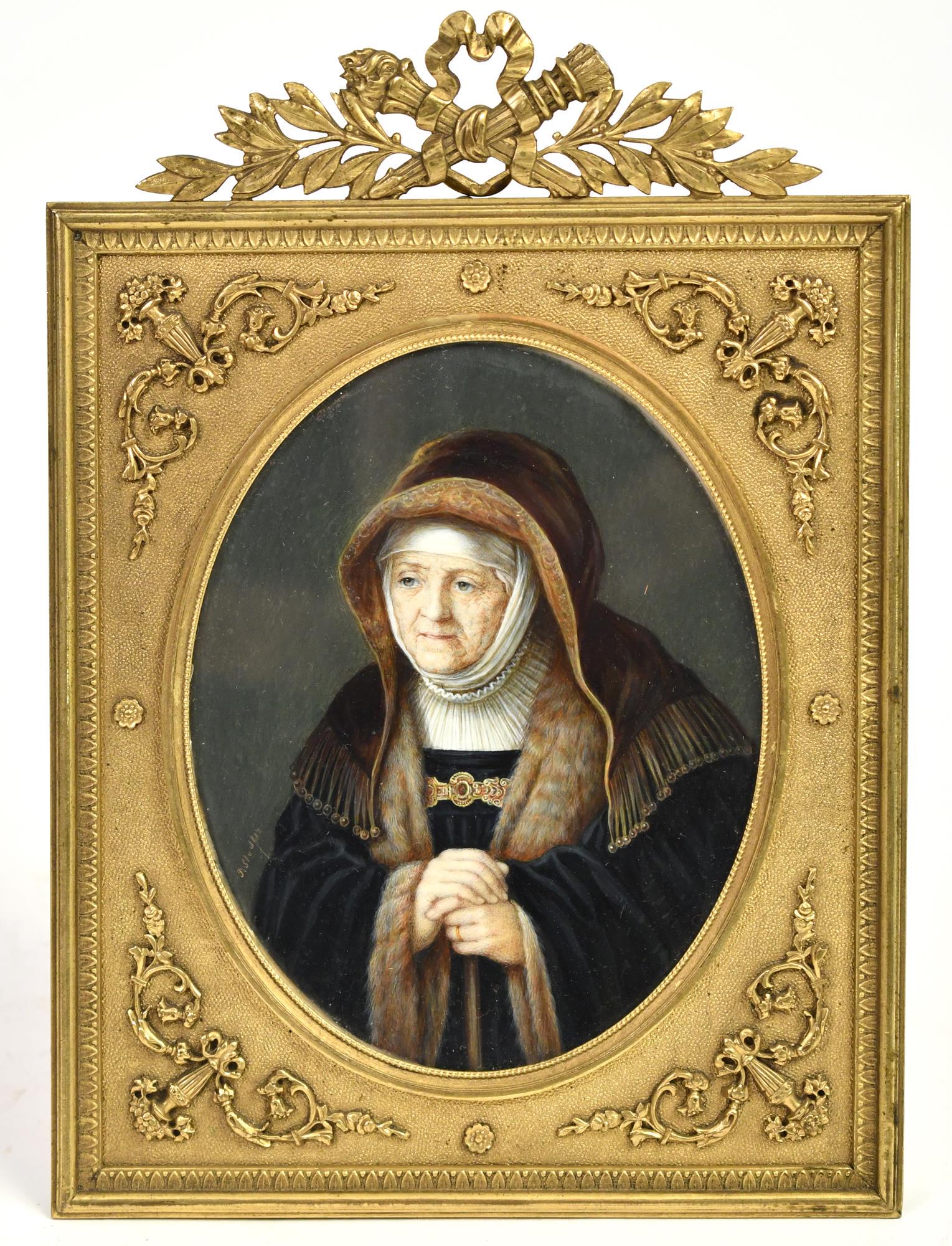 MINIATURE PORTRAIT OF REMBRANDT’S MOTHER: Very well executed portrait of Rembrandt’s mother in well appointed tabletop frame. Signed potentially P. Stadler. Image 4.75”H x 3.75”W. Frame 7.75”H x 5.5”W.