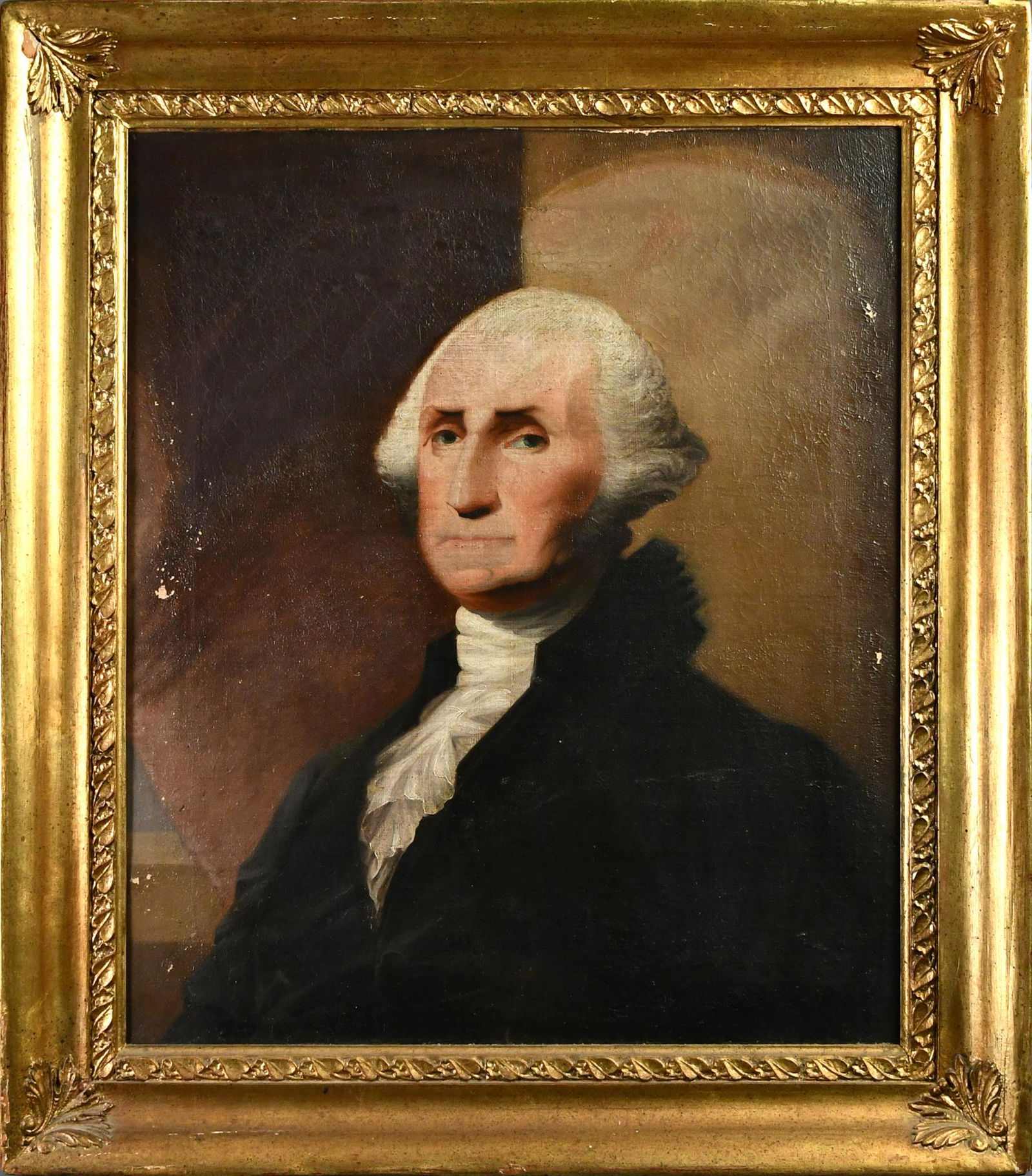 19TH C. GEORGE WASHINGTON PORTRAIT, O/C.: Likely an early 19th C. example, well painted in the manner of Gilbert Stuart, depicting George Washington in classic pose, a window with red drape over his right shoulder. Canvas, 27.5” x 23.75