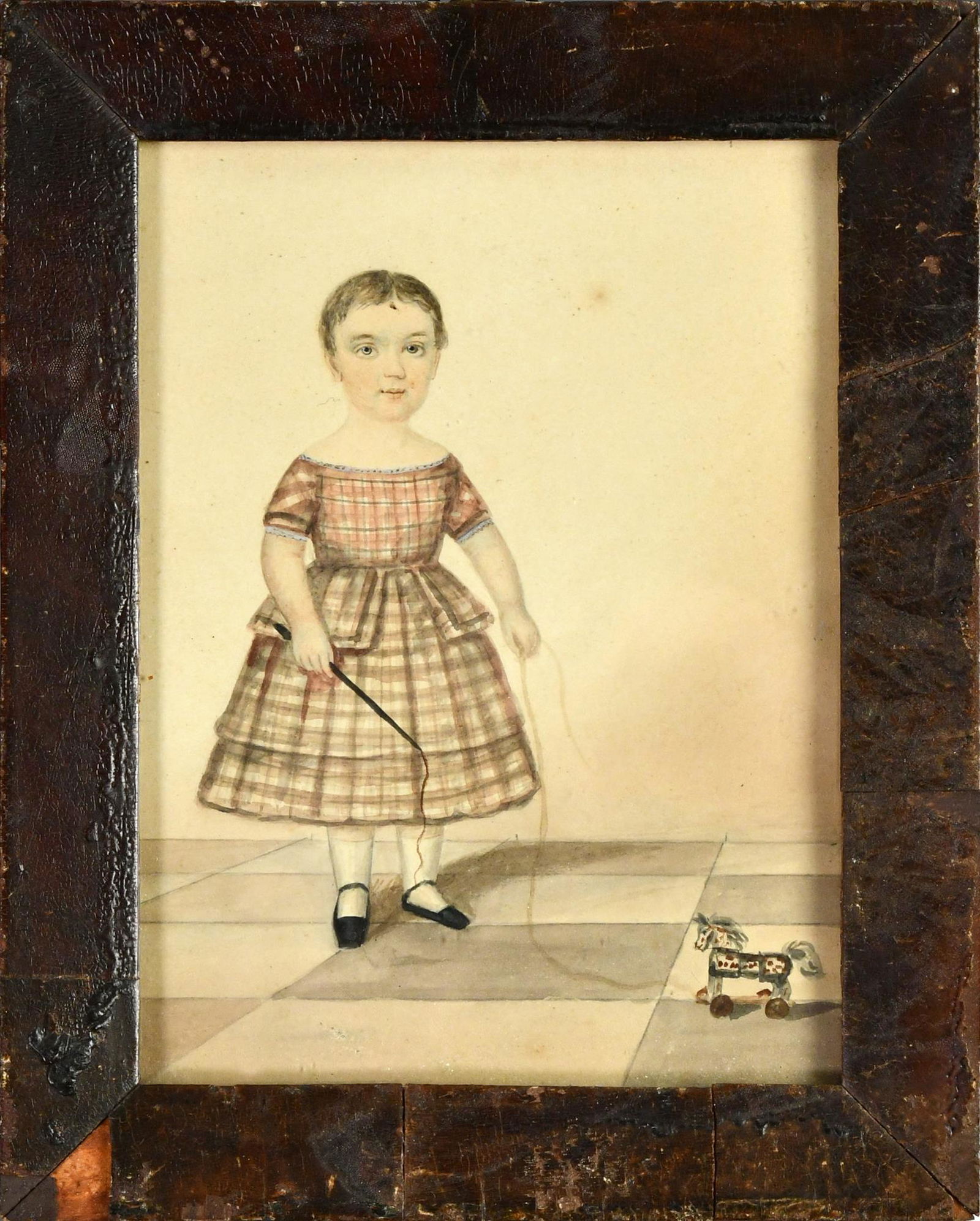 19TH C. AMERICAN SCHOOL PORTRAIT CHILD WITH TOY, W/C. (1 of 3)