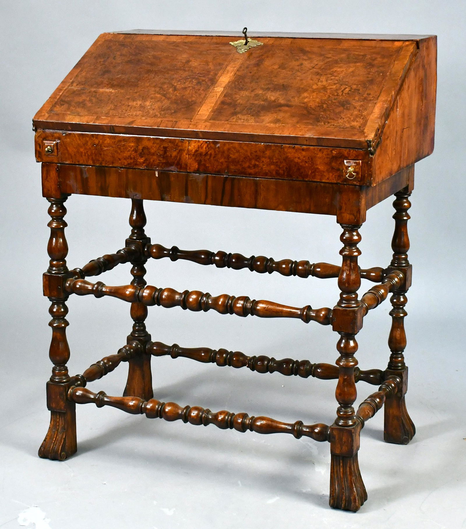 18TH C. BURL WALNUT WM. & MARY DESK ON FRAME. (1 of 11)