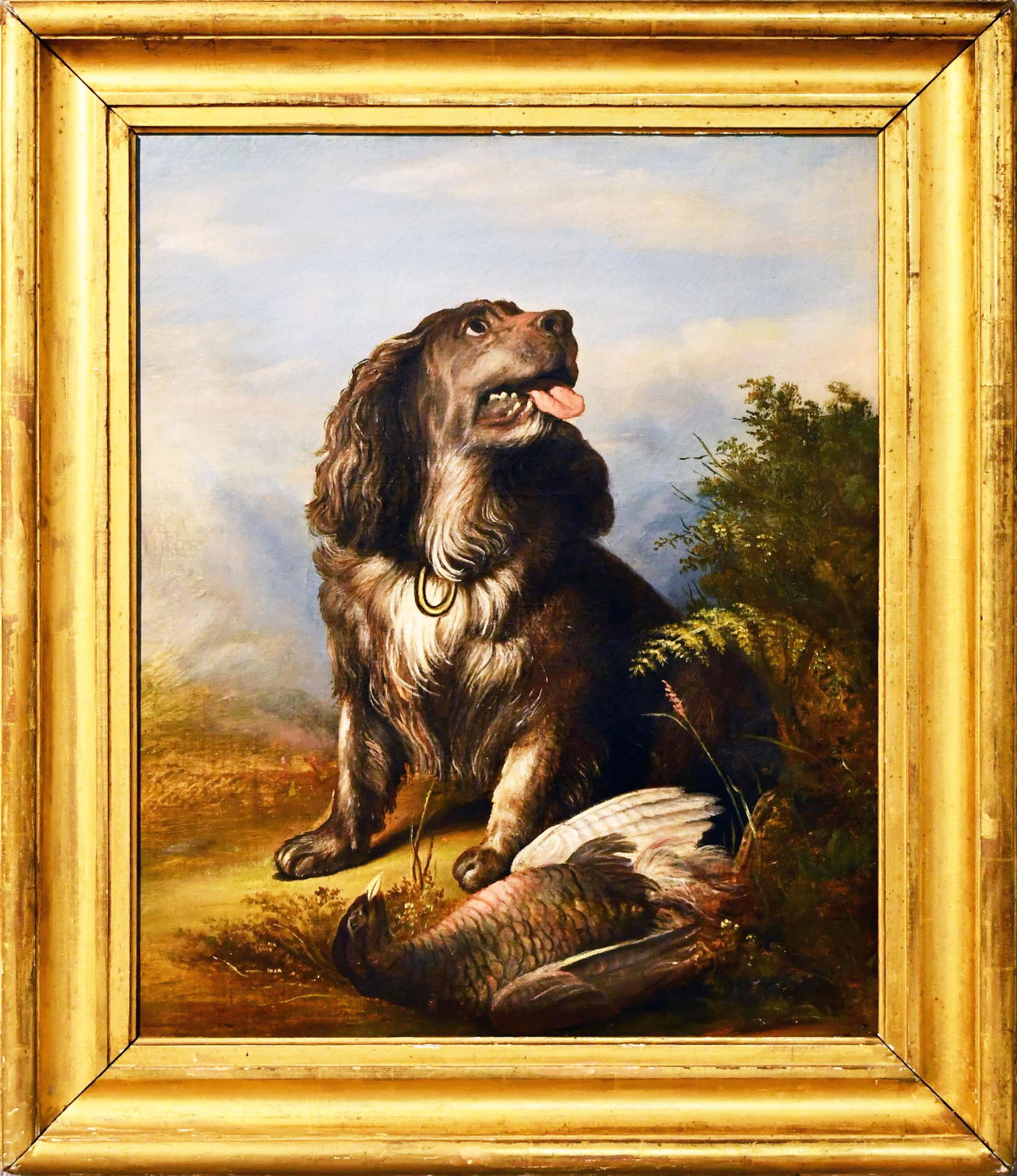 19TH C. O/C AMERICAN SCHOOL HUNTING DOG PAINTING. (1 of 4)