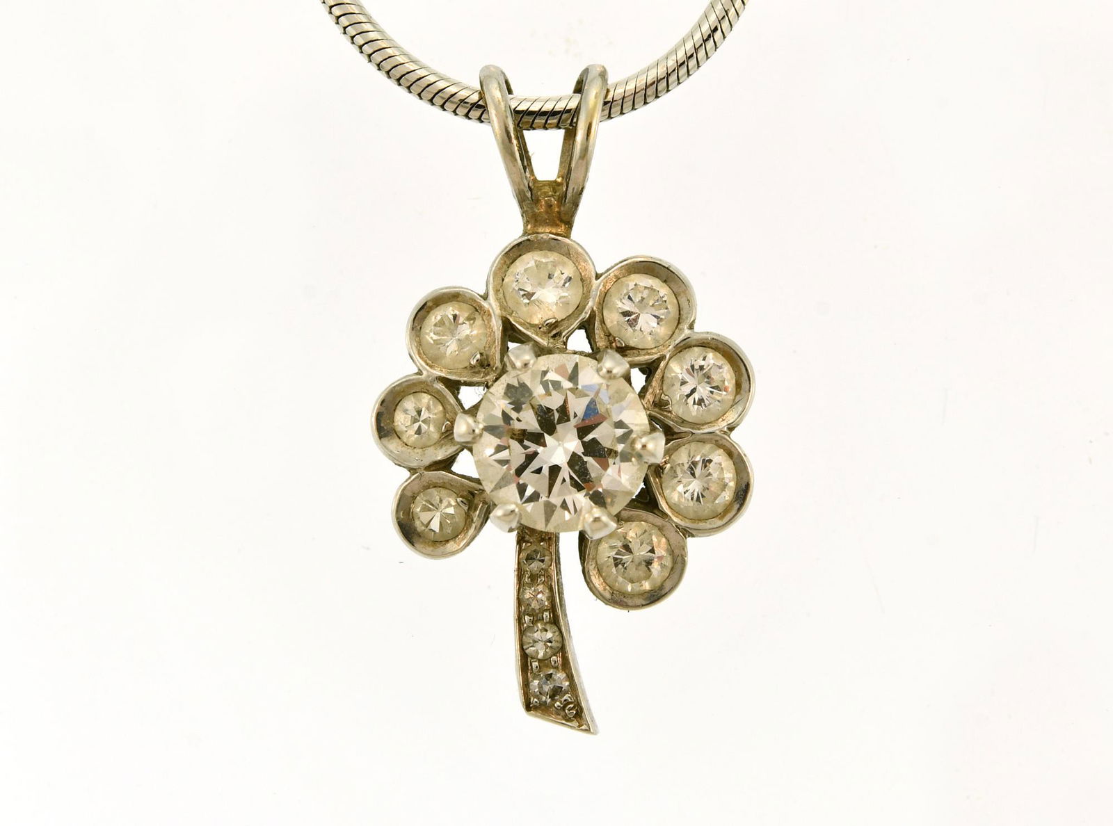 PLATINUM & DIAMOND FLOWER PENDANT ON 14K CHAIN. (1 of 7)