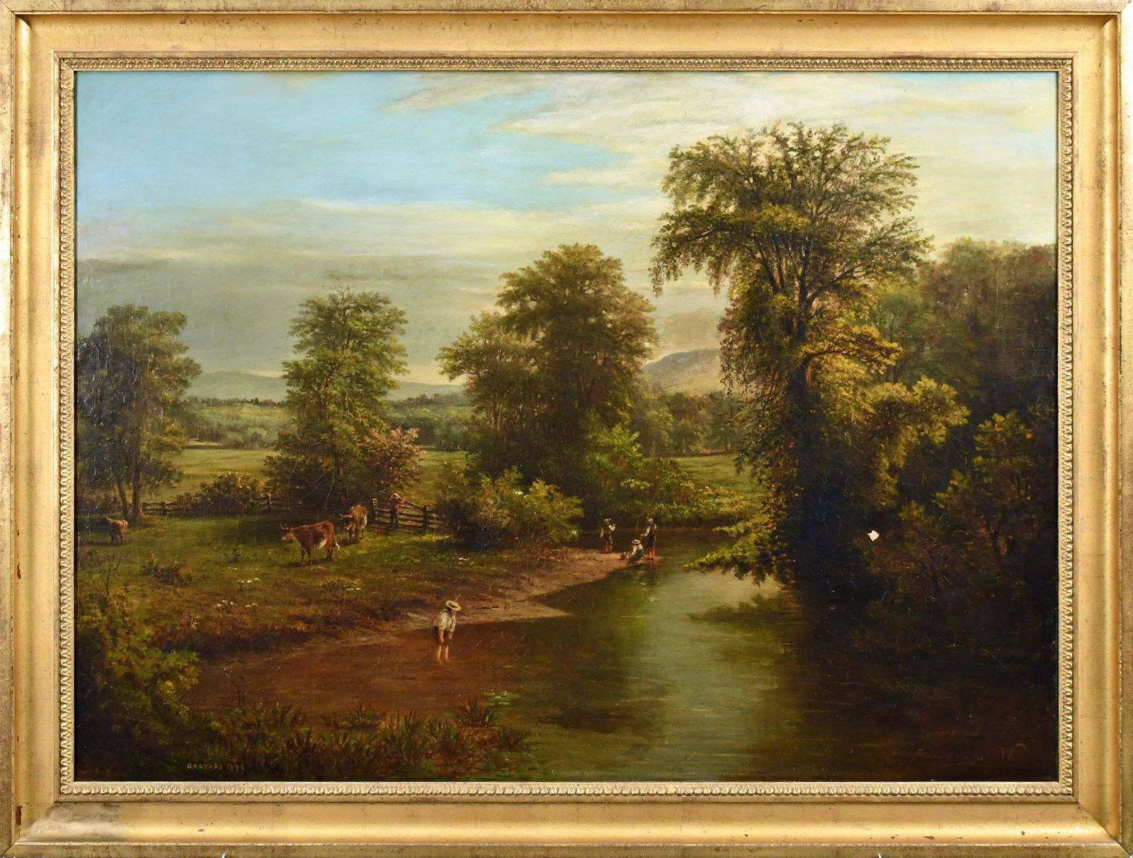 19TH C. LANDSCAPE WITH FIGURES, C.A. DRAKE 1875, O/C. (1 of 5)