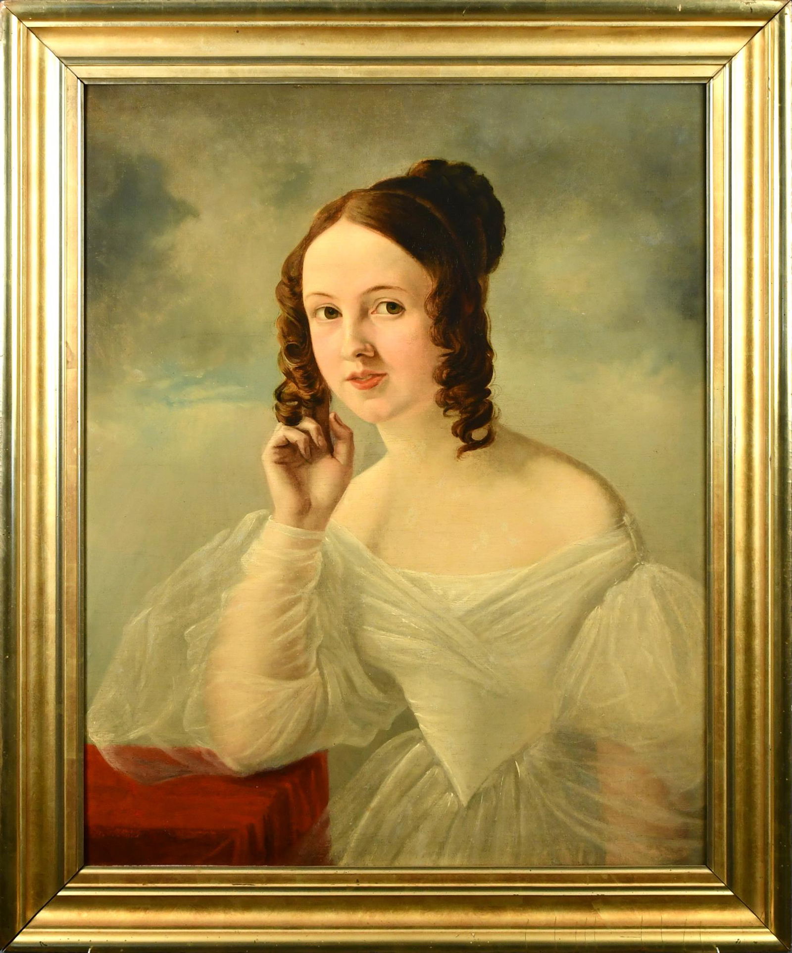 PORTRAIT OF YOUNG WOMAN, IN THE MANNER OF THOS. SULLY: Attractive and well executed oil on canvas, portrait of un-identified young woman in the manner of Thomas Sully. Canvas: 30” x 25” - Frame: 36” x 29”