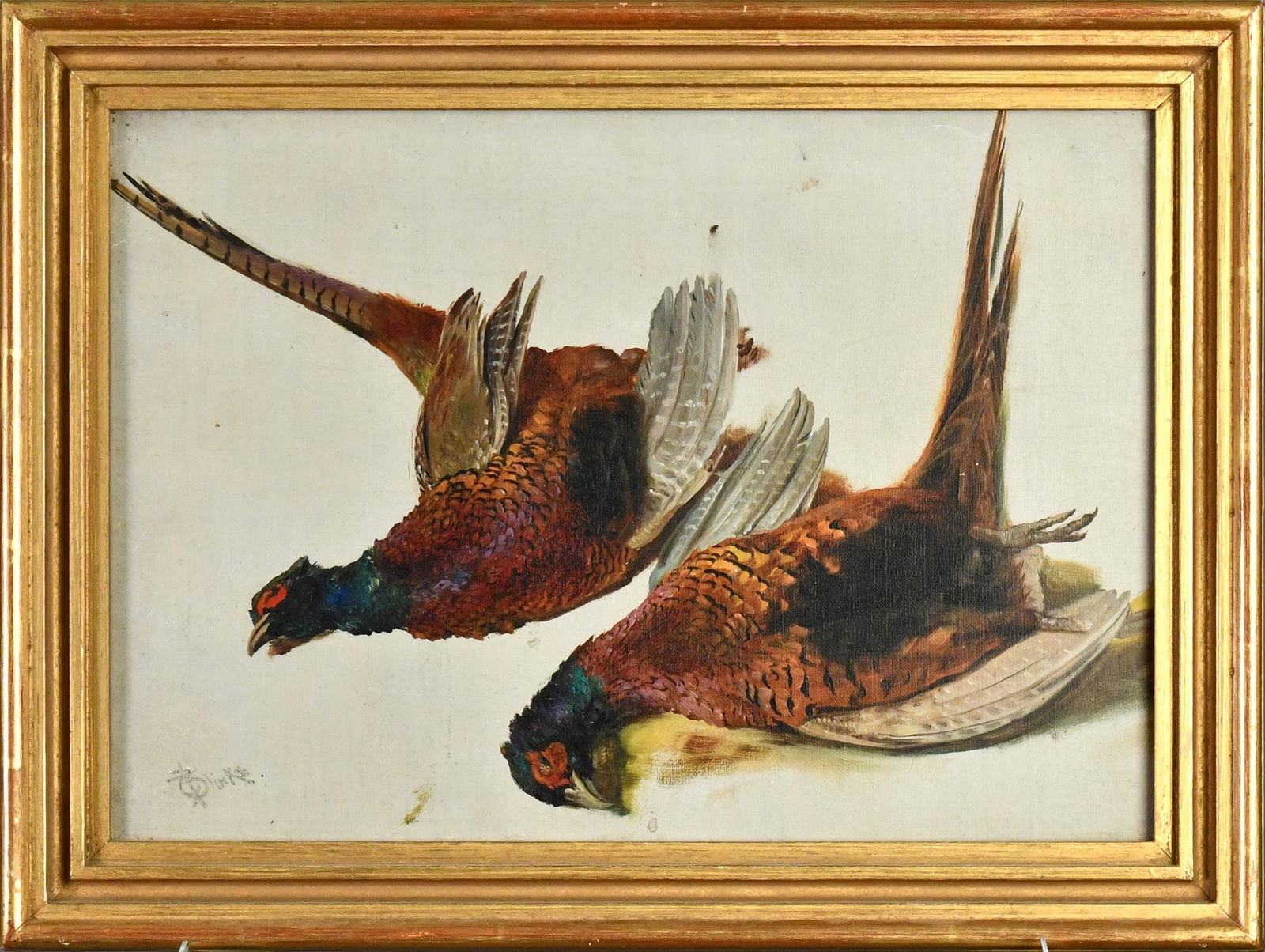 THOMAS BLINKS O/C PHAESANTS.: An oil on canvas of two dead pheasants by Thomas Blinks, signed T. Blinks lower left. Image 10.5” x 15.5”, Overall 13.5” x 18”