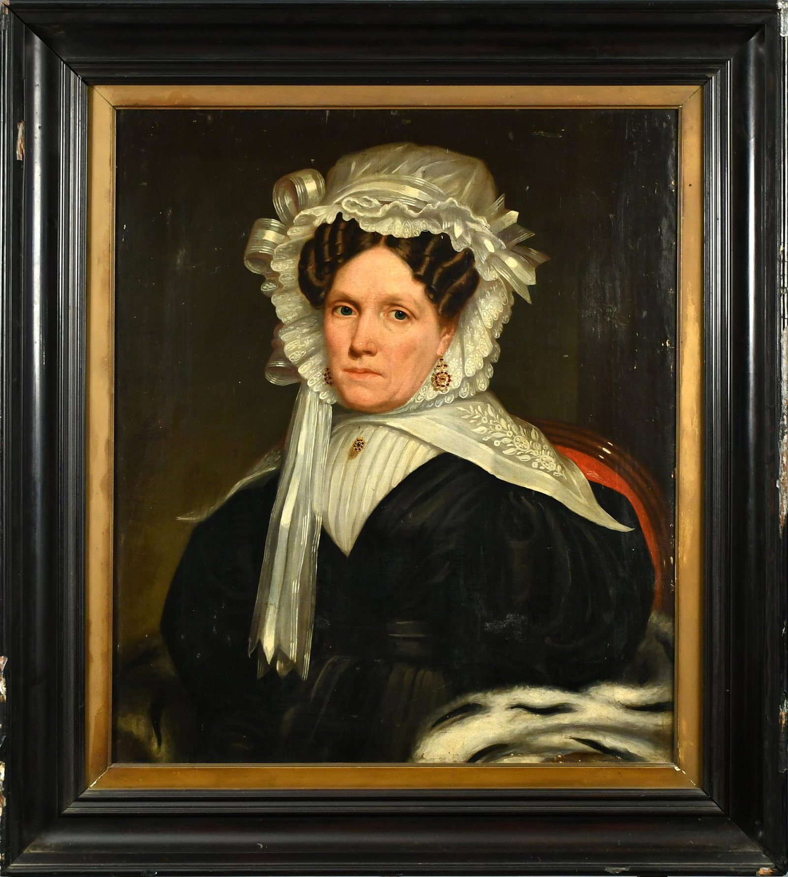 19TH C. PORTRAIT OF ELEGANTLY DRESSED WOMAN.: A mid 19th C. well painted oil on canvas portrait with fine detail, of a matronly woman in fine clothes with elaborate lacework and fancy jewelry, in original ebonized frame. Image 30” 25”