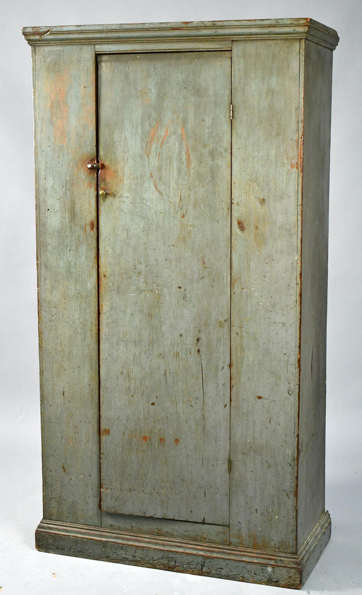 19TH C. DIMINUTIVE STORAGE CUPBOARD IN BLUE PAINT. (1 of 6)