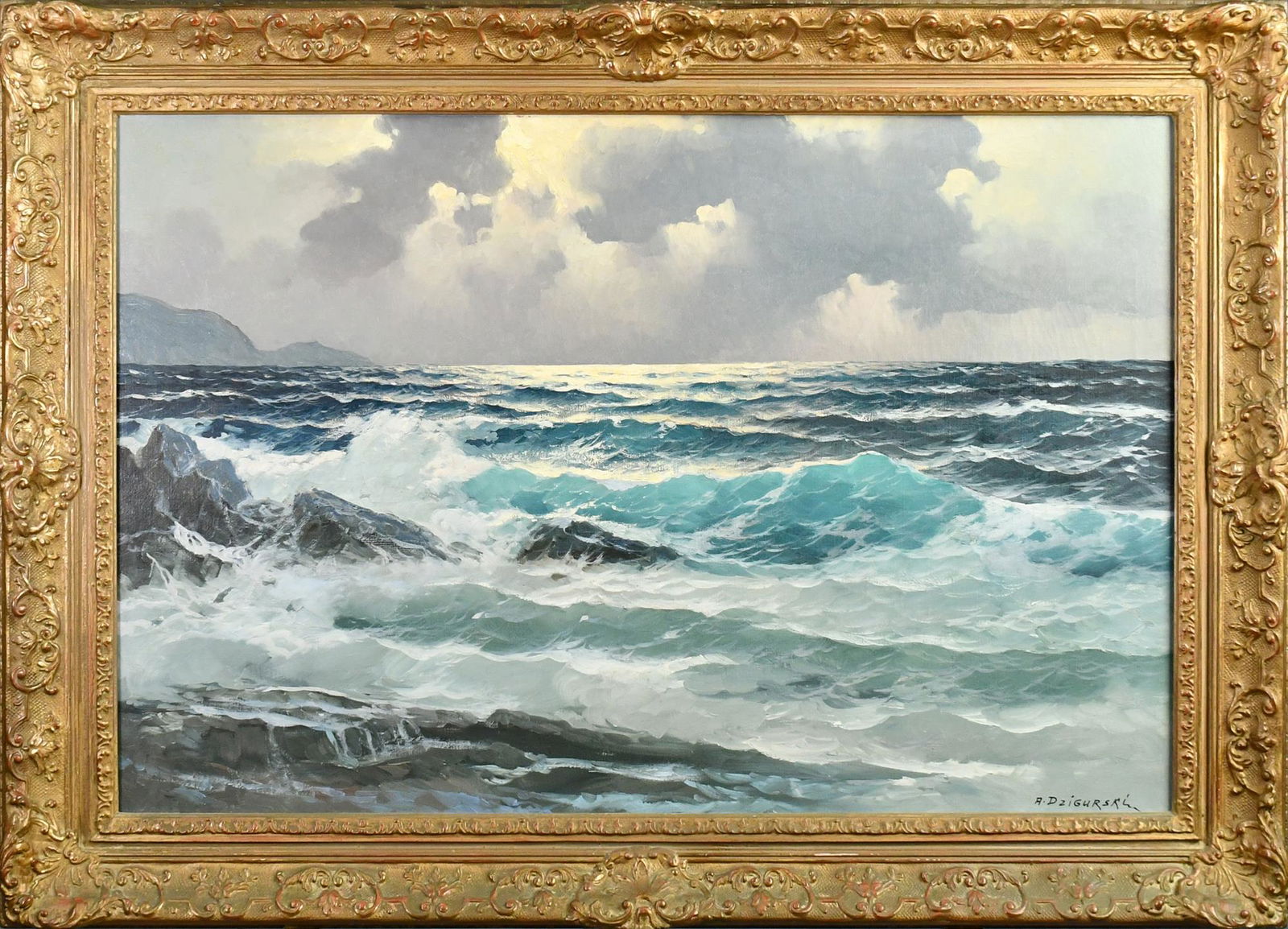 ALEXANDER DZIGURSKI O/C SEASCAPE.: An early 20th C. oil on canvas of the southern California Pacific ocean surf under a cloudy sky at sunset, signed lower right A. Dzigurski, in a period carved and gesso frame. Image 24” x 36R