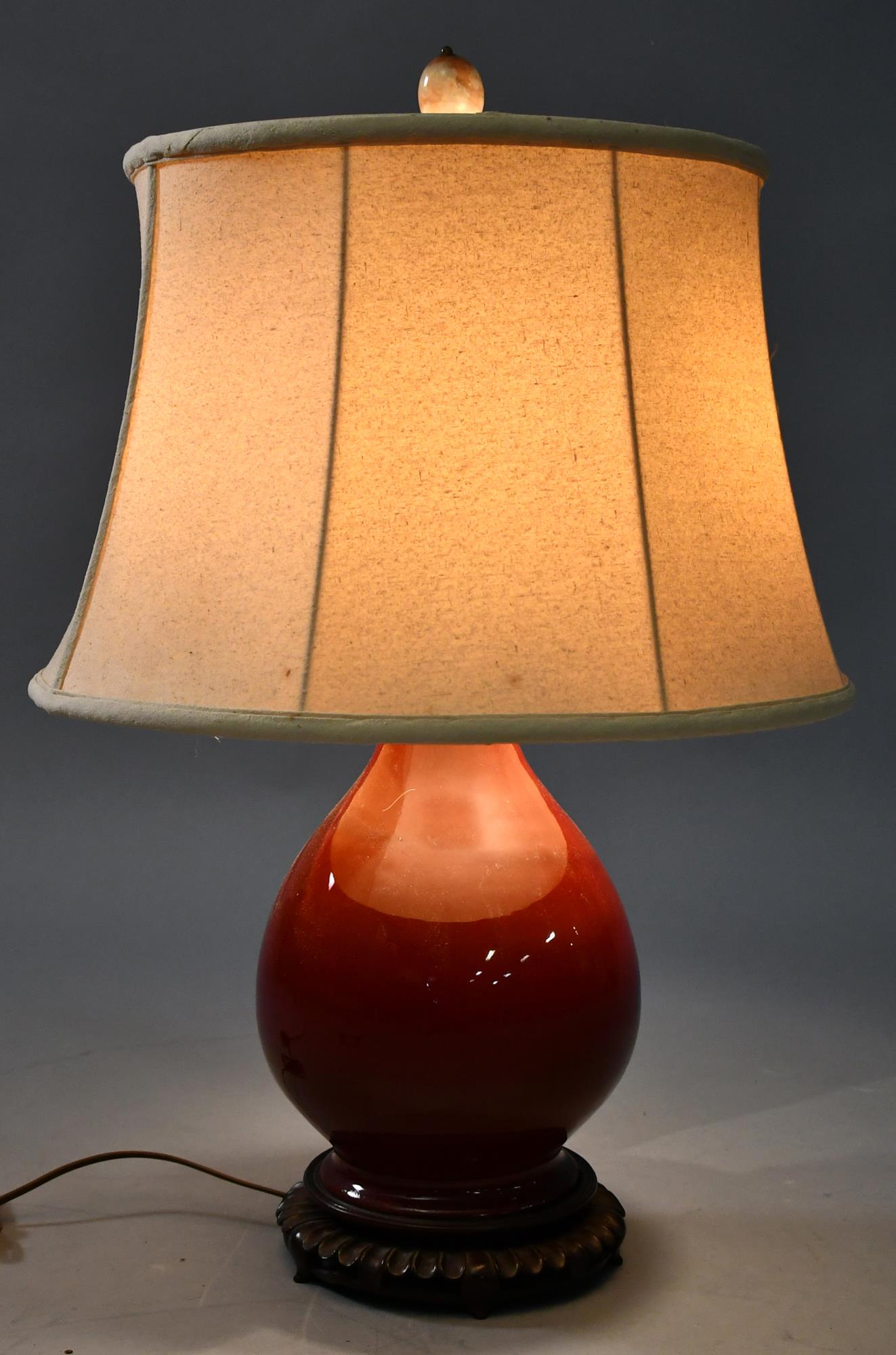 EARLY CHINESE OXBLOOD BALUSTER FORM VASE/LAMP.: 19th C. or earlier oxblood glazed porcelain vase converted into a lamp. Porcelain 12” H - 26” overall
