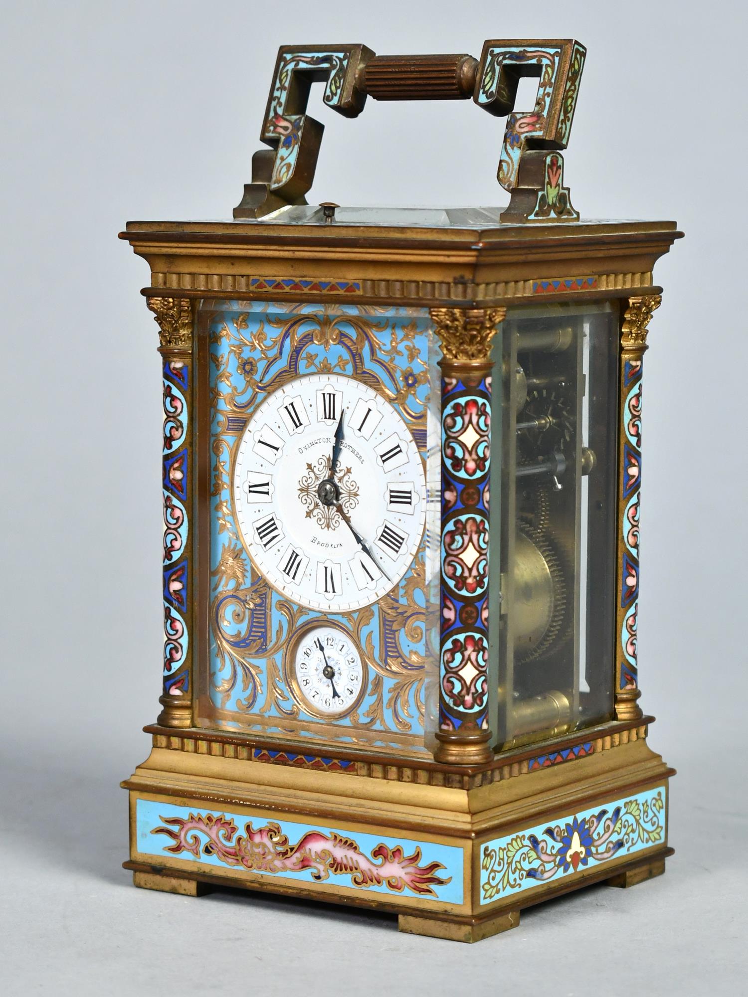 ANTIQUE BRASS CHAMPLEVE CARRIAGE CLOCK. (1 of 8)