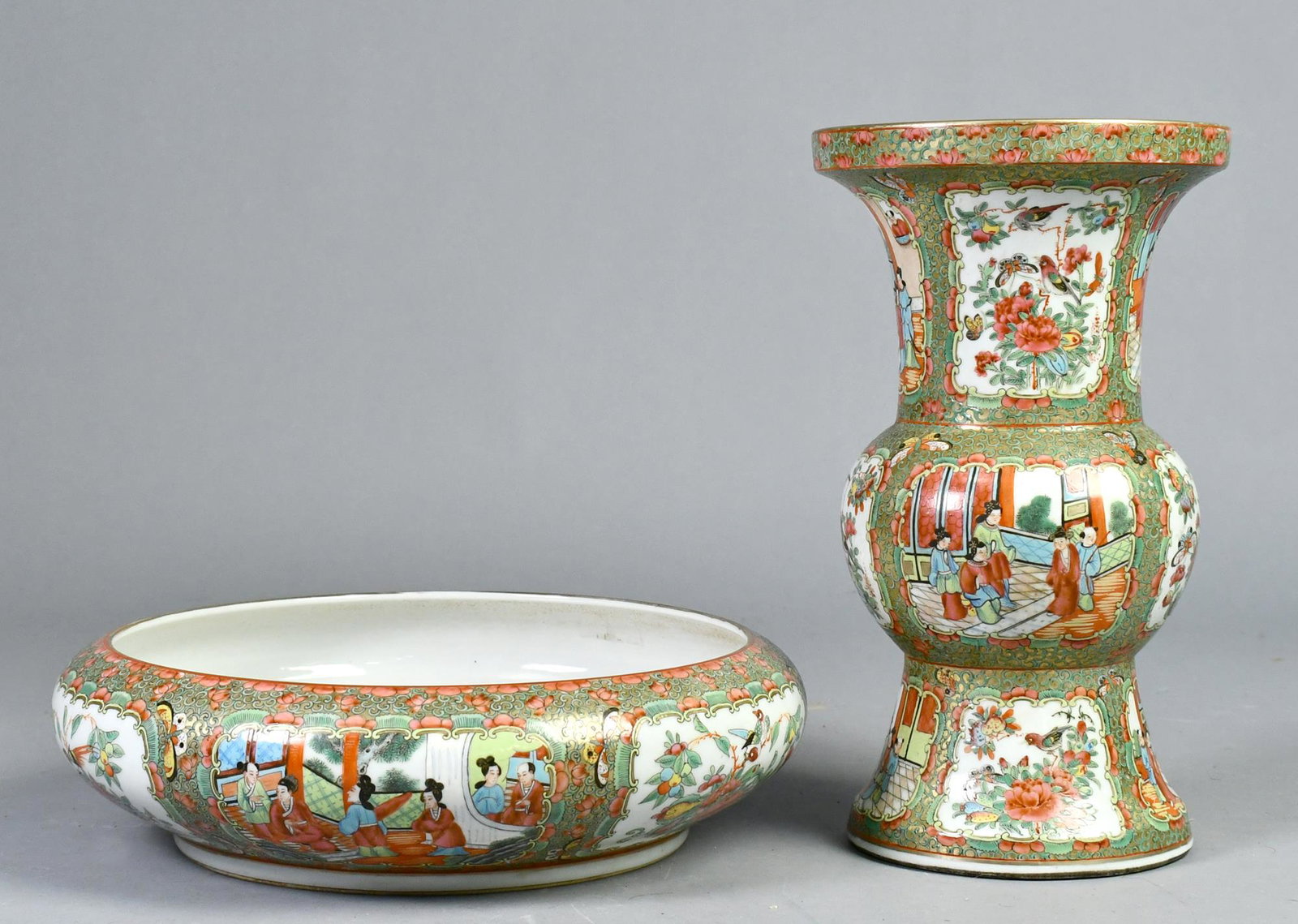 ROSE MEDALLION VASE AND BOWL.: Similar Rose Medallion 13.5”H vase and 4”H x 14”dia. bowl.