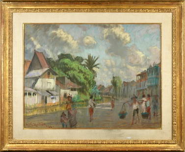 WILLIAM SAMUEL HORTON, “A STREET IN BATAVIA”: Vose Galleries of Boston provenance with labels on reverse, signed and dated, W.S. Horton, 1933. Image: 20” x 24”. Frame: 27” x 33”.