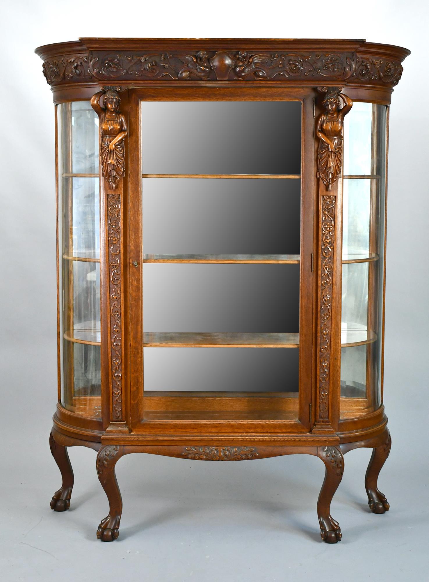 GEORGE FLINT CARVED OAK CHINA CLOSET. (1 of 8)