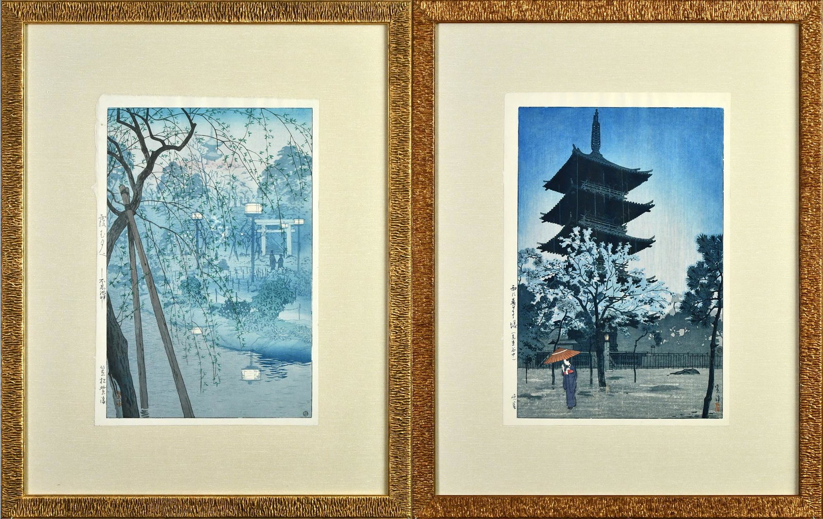 TWO JAPANESE WOODBLOCKS, SHIRO.: Kasamatsu Shiro woodblocks, 'Misty Evening at Shinobazu Pond' 1932 and 'Pagoda in Evening Rain' 1937. Both framed under glass; Image 14.25” x 9.5”, Overall 24” x 19”.