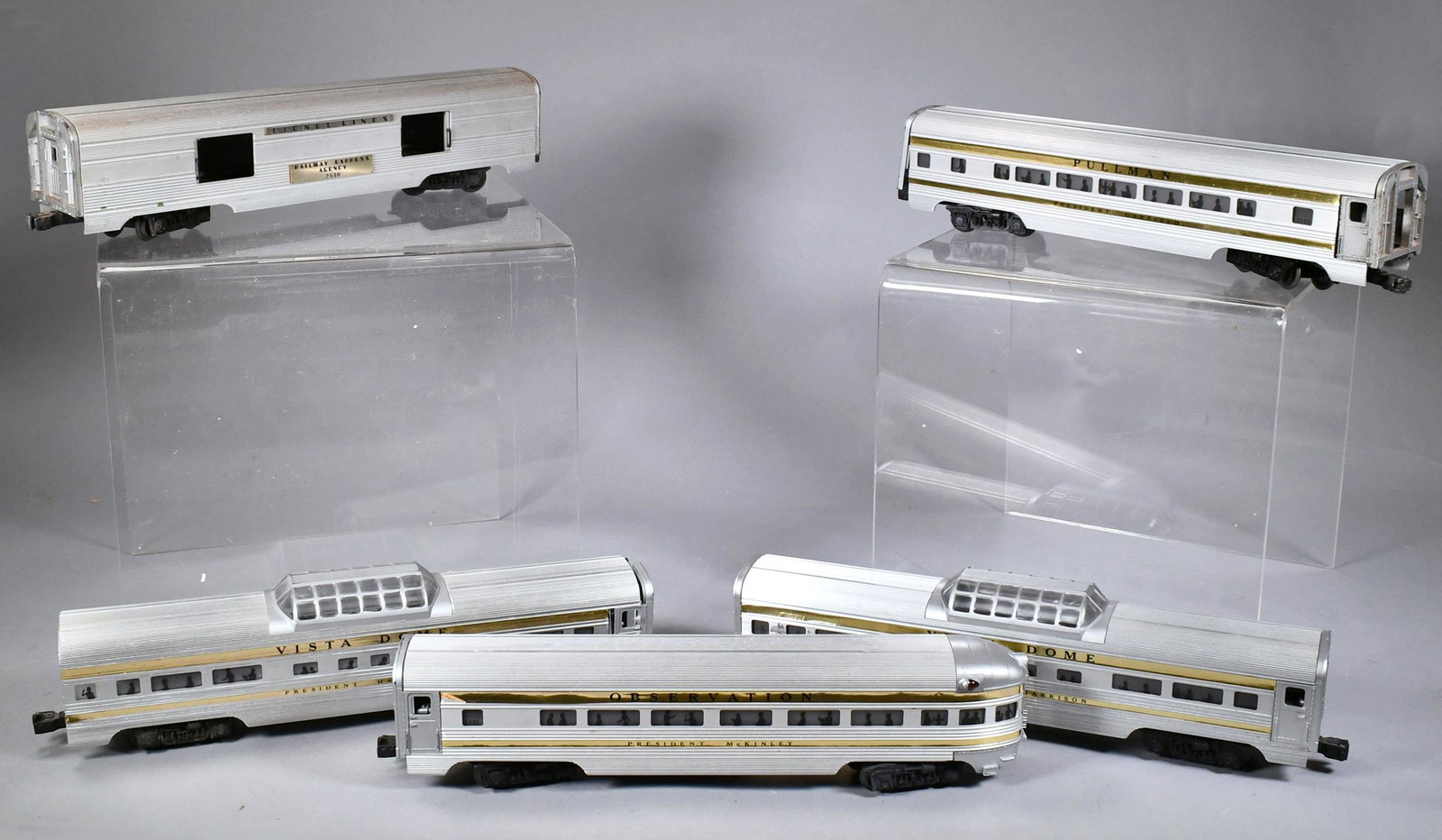 LIONEL ALUMINUM CARS SET OF 5 PRESIDENT SET.: Car numbers 2521, 2522, 2523 and 2530.