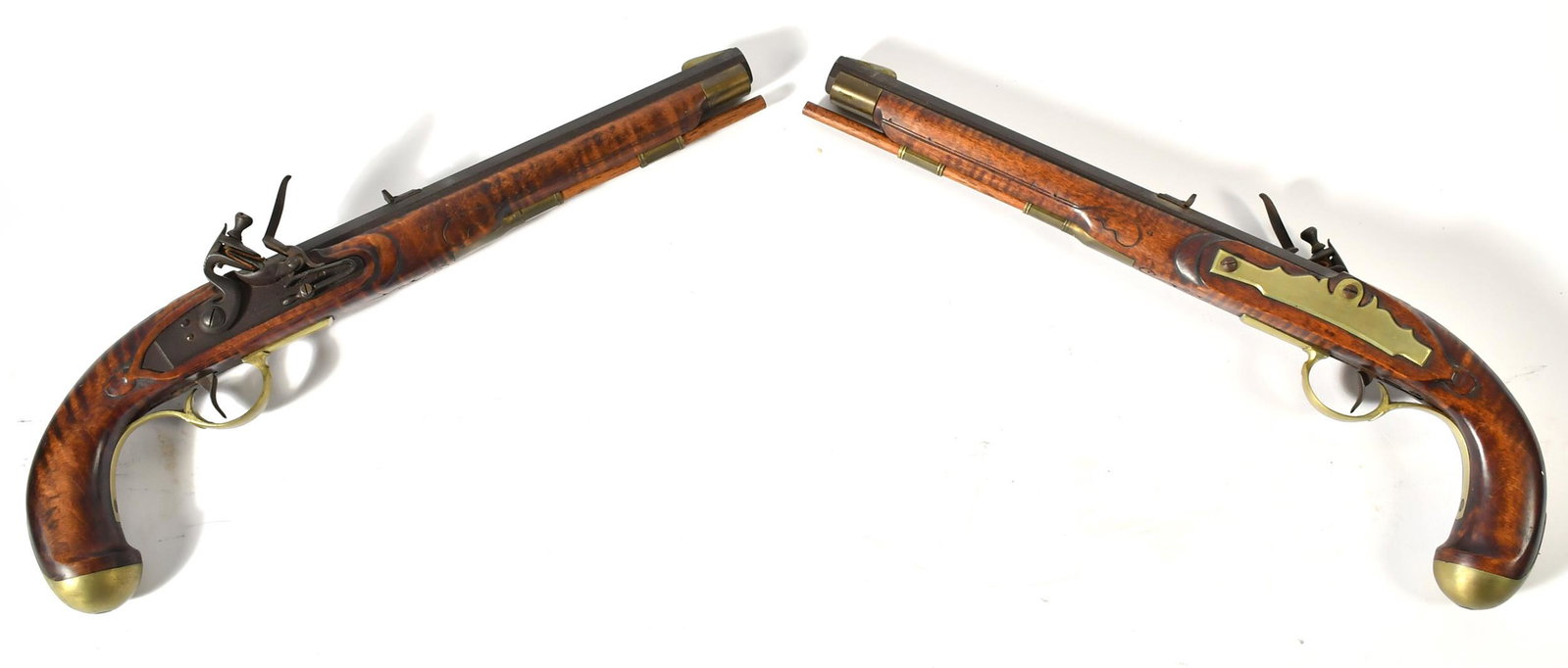 PAIR OF CUSTOM MODERN FLINTLOCK DUELING PISTOLS.: Ashmore lock plate with tiger maple woodOverall length16.5”