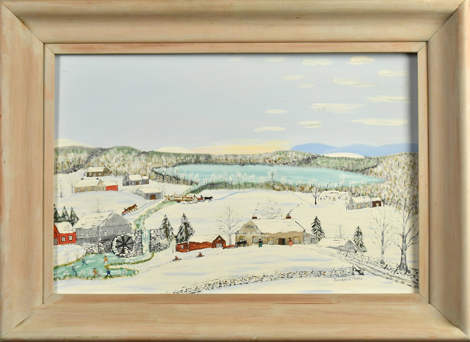 FORREST R. MOSES OIL ON BOARD, WINTER LANDSCAPE. (1 of 4)