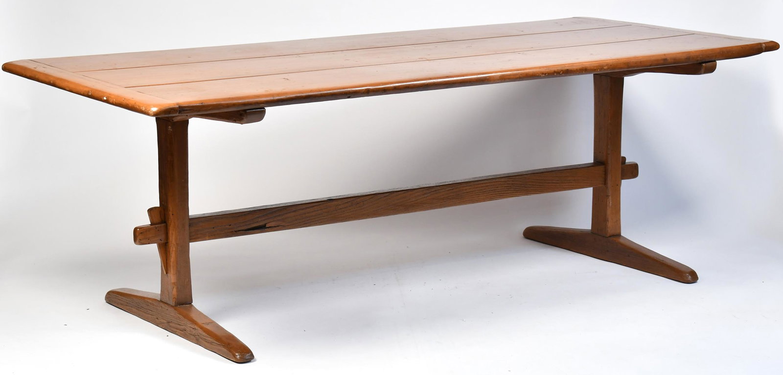 RARE 18TH C. OAK AND PINE TRESTLE TABLE. (1 of 9)