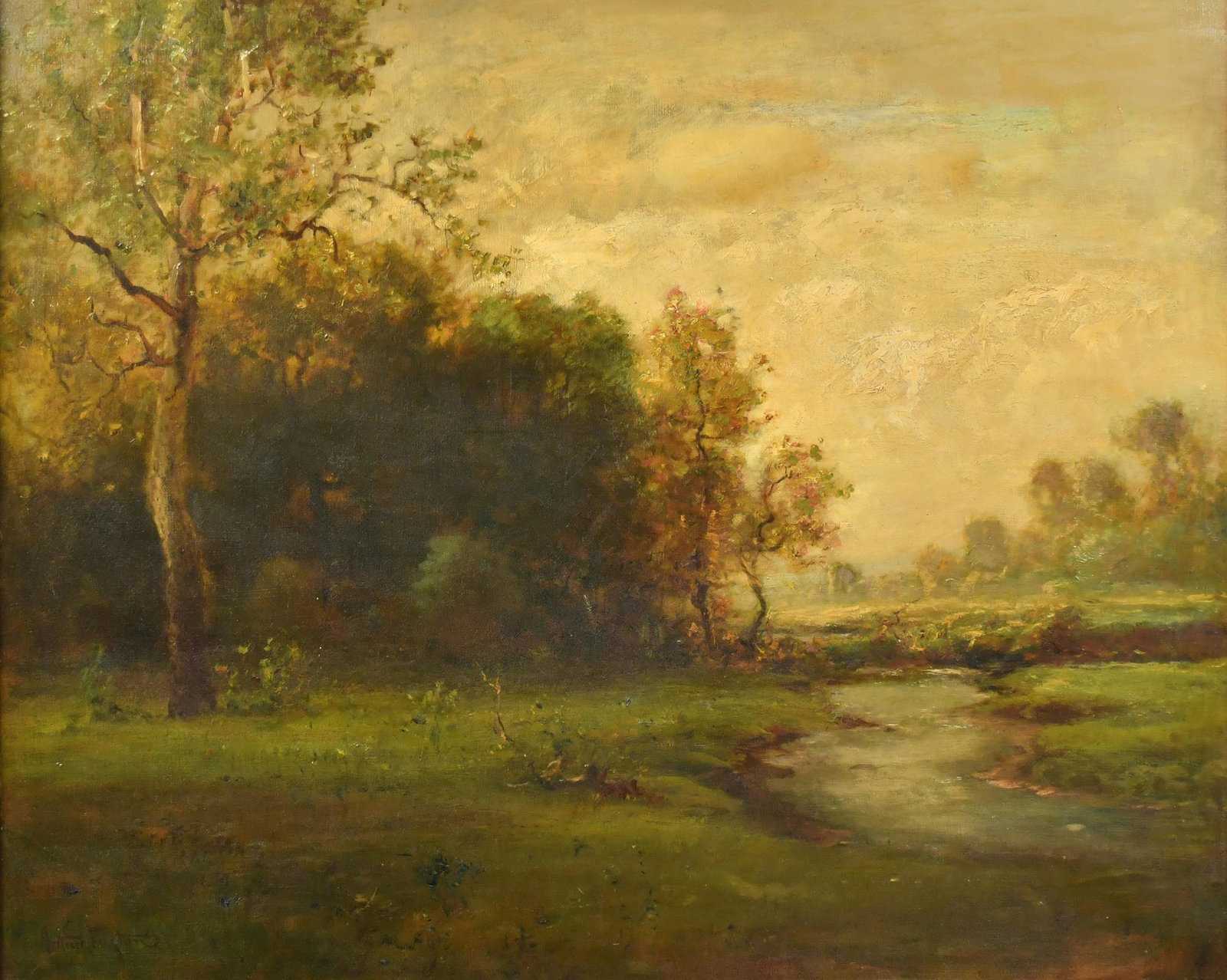 ARTHUR PARTON OIL ON CANVAS, LANDSCAPE.: Titled, By The Stream. Hudson River School painter Arthur Parton painted under William Trost Richards and was greatly inspired by Richards and George Inness, as seen in this oil on canvas. Signed lowe