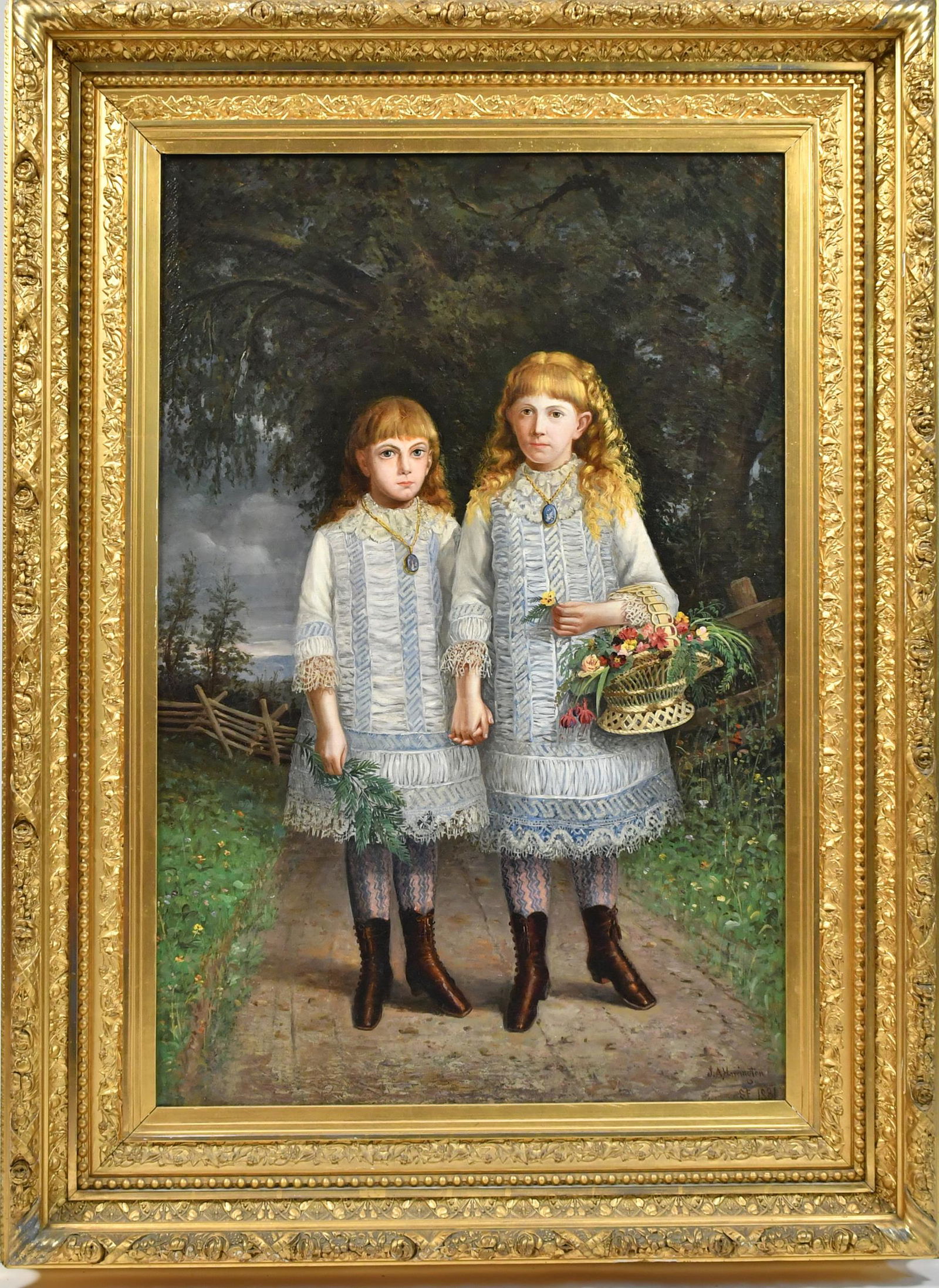 J.A. HARRINGTON OIL ON CANVAS, PORTRAIT OF SISTERS. (1 of 5)