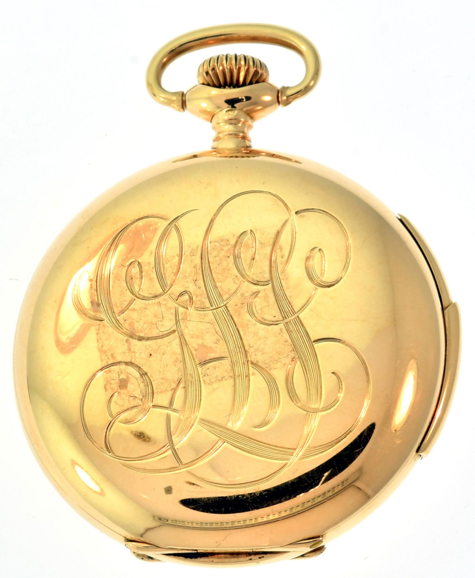 TOUCHON & CO. 14K REPEATER POCKET WATCH.: 18K yellow gold hunter case pocket watch, white dial marked Touchon & Co. Geneva, back hinged door marked 14k # 20263, works also marked Touchon and Co. front of the case set with a round faceted sapp