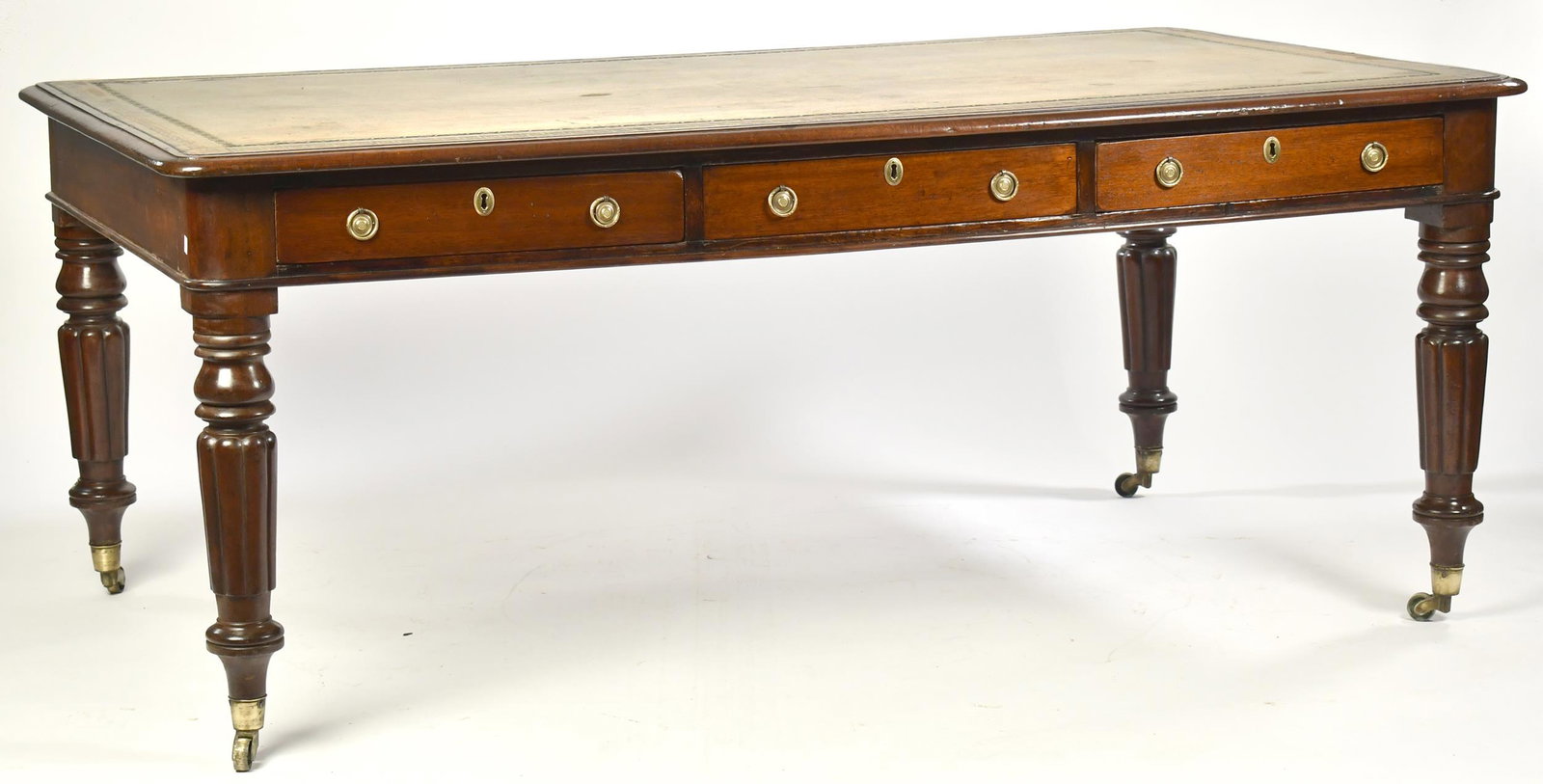 19TH C. ENGLISH LEATHER TOP WRITING DESK. (1 of 9)