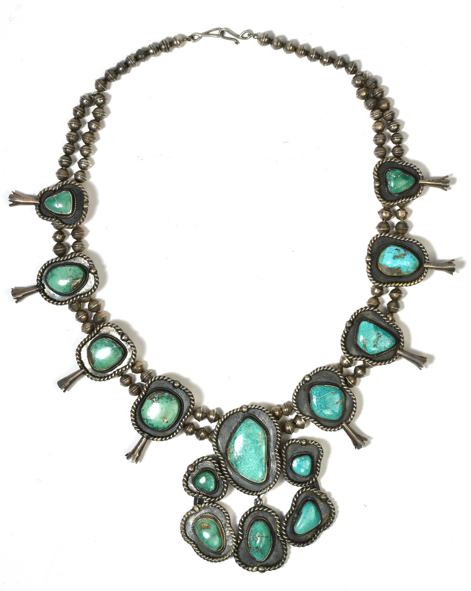 ANTIQUE STERLING & TURQUOISE SQUASH BLOSSOM NECKLACE. (1 of 4)