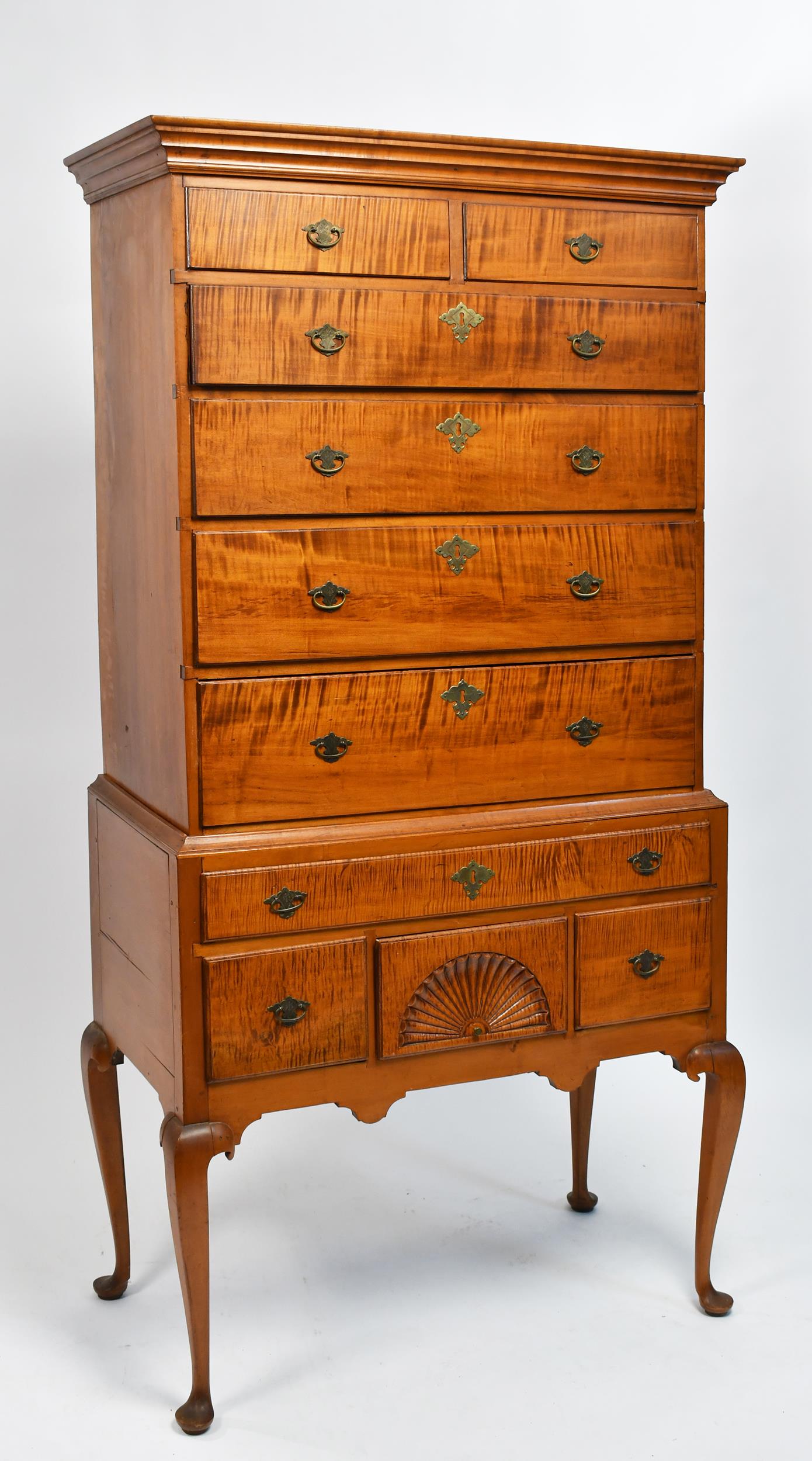 18TH C. AMERICAN TWO PART TIGER MAPLE HIGHBOY. (1 of 11)