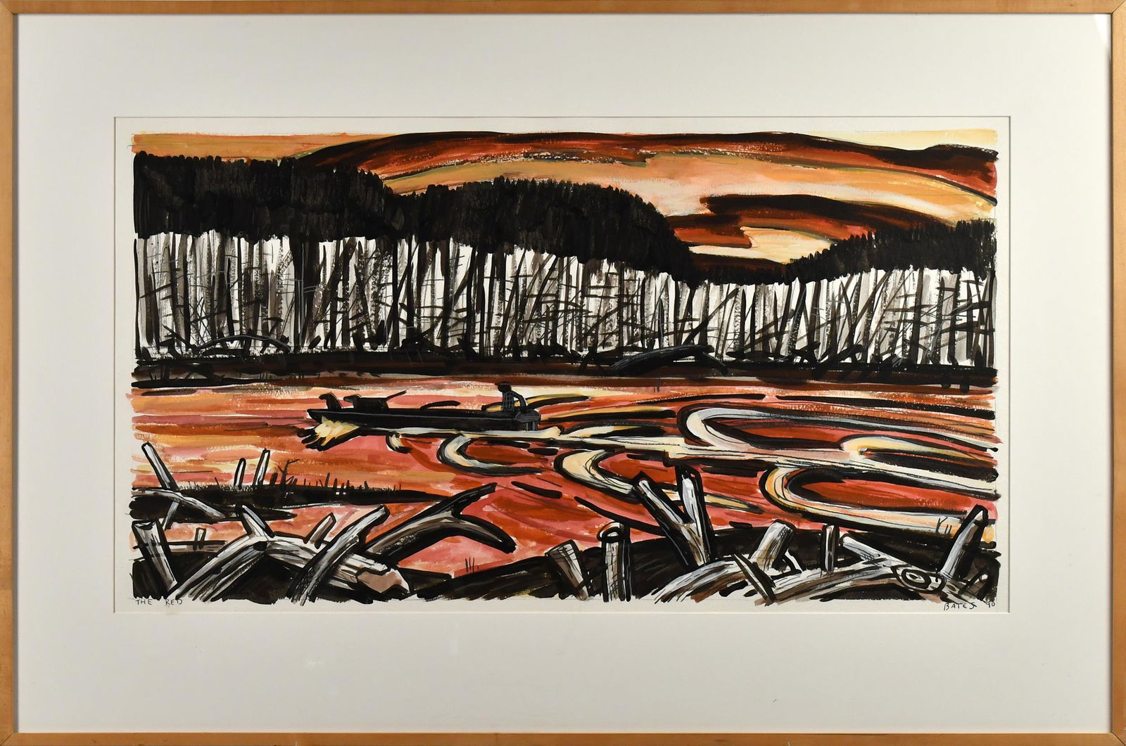 DAVID BATES 'THE RED' MIXED MEDIA ON PAPER.: Ca. 1990 abstract gouache and watercolor on paper, titled lower left ”The Red”, and signed lower right Bates, with Struve and Charles Cowles Gallery labels on reverse, in a simple wood fra