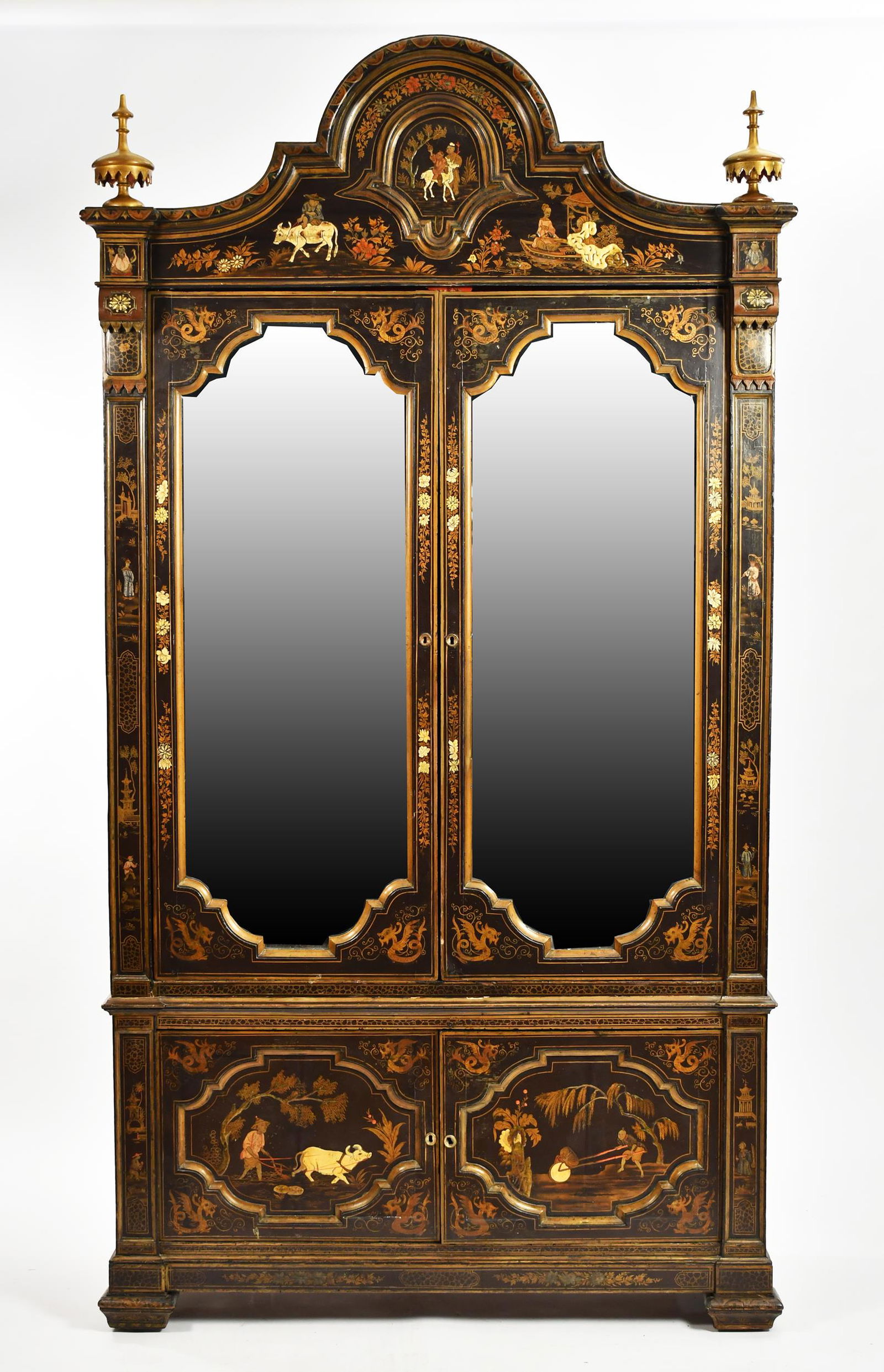 19TH C. TWO PART CHINOISERIE DECORATED ARMOIRE. (1 of 7)