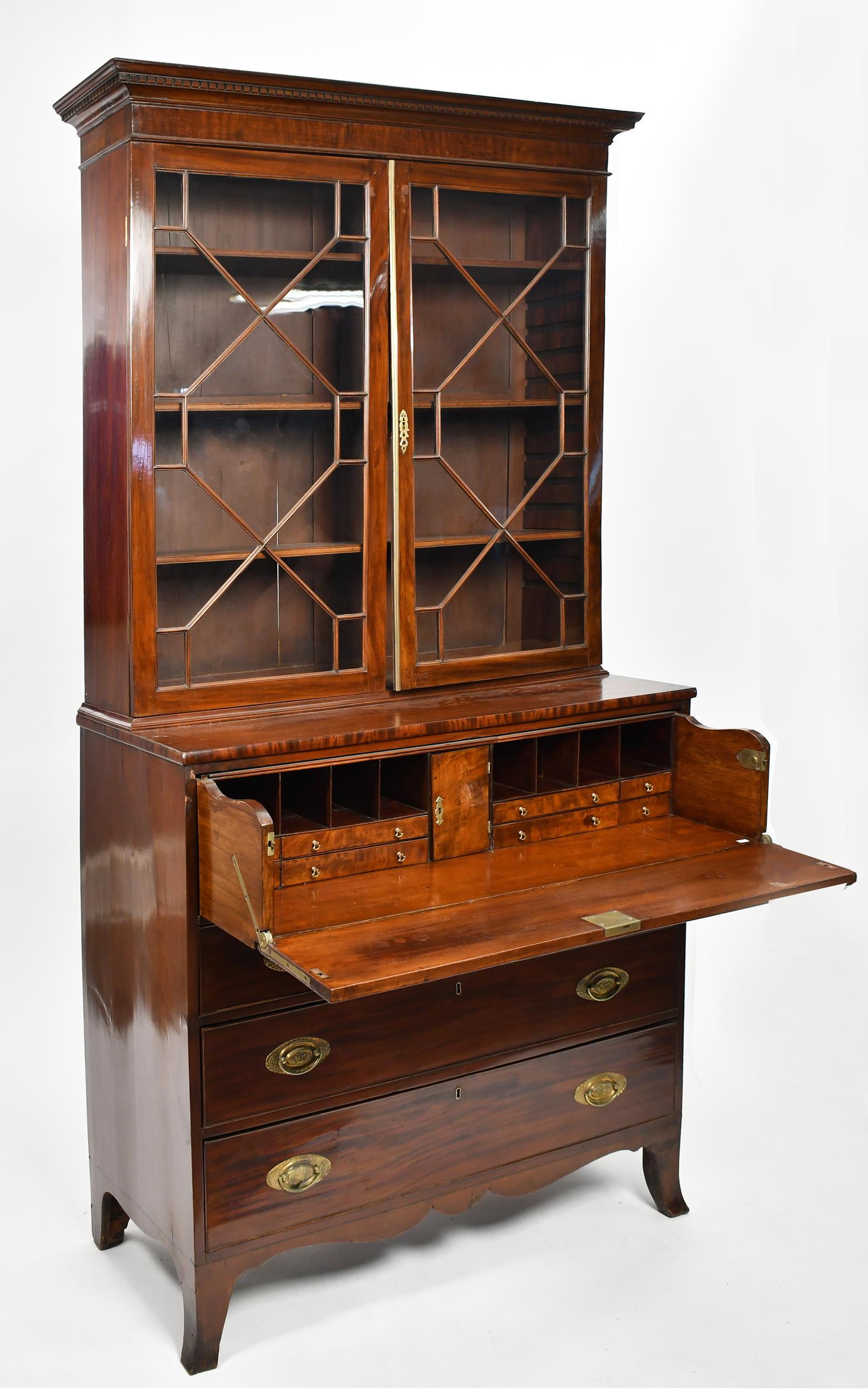 GEORGE III ENGLISH MAHOGANY TWO PART SECRETARY. (1 of 7)