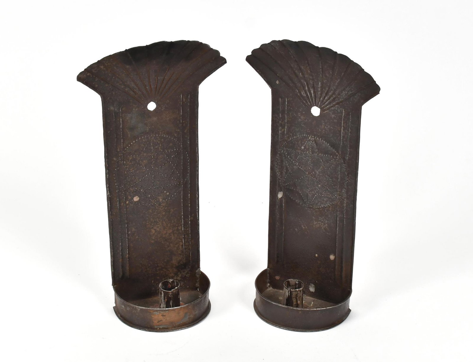 PAIR OF PUNCHED TIN CANDLE SCONCES. (1 of 9)