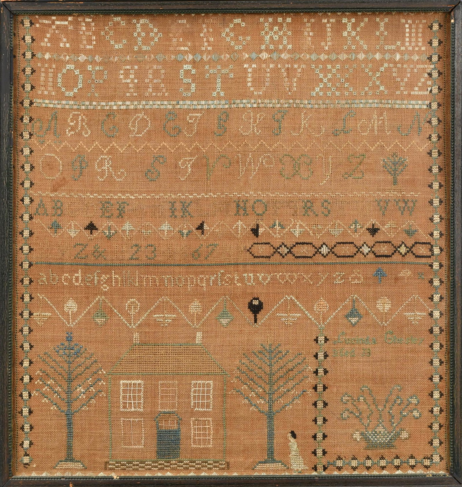 19TH C. ALPHANUMERIC SAMPLER, LUCINDA GLASLEY. (1 of 3)