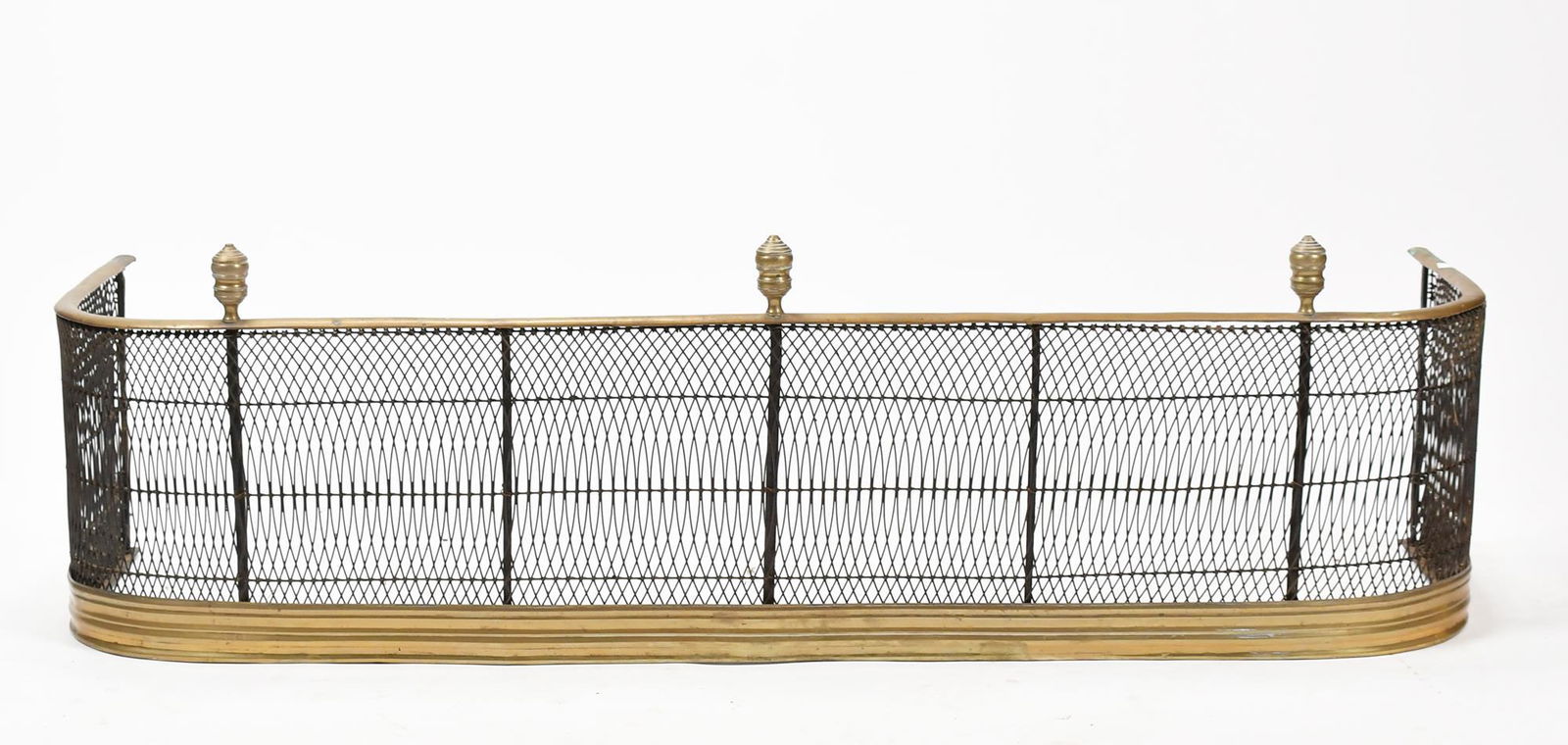 ANTIQUE BRASS AND WIRE FIREPLACE FENDER. (1 of 6)