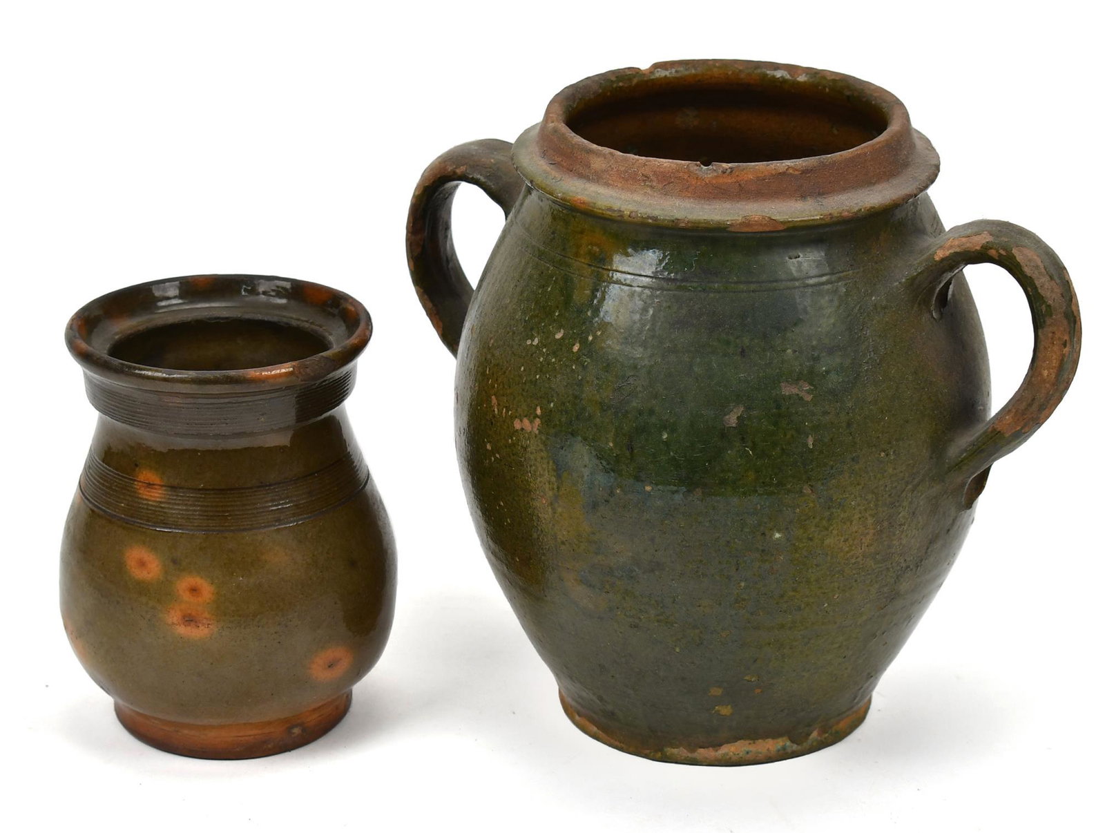 TWO 19TH C. GREEN SLIP REDWARE VESSELS. (1 of 10)
