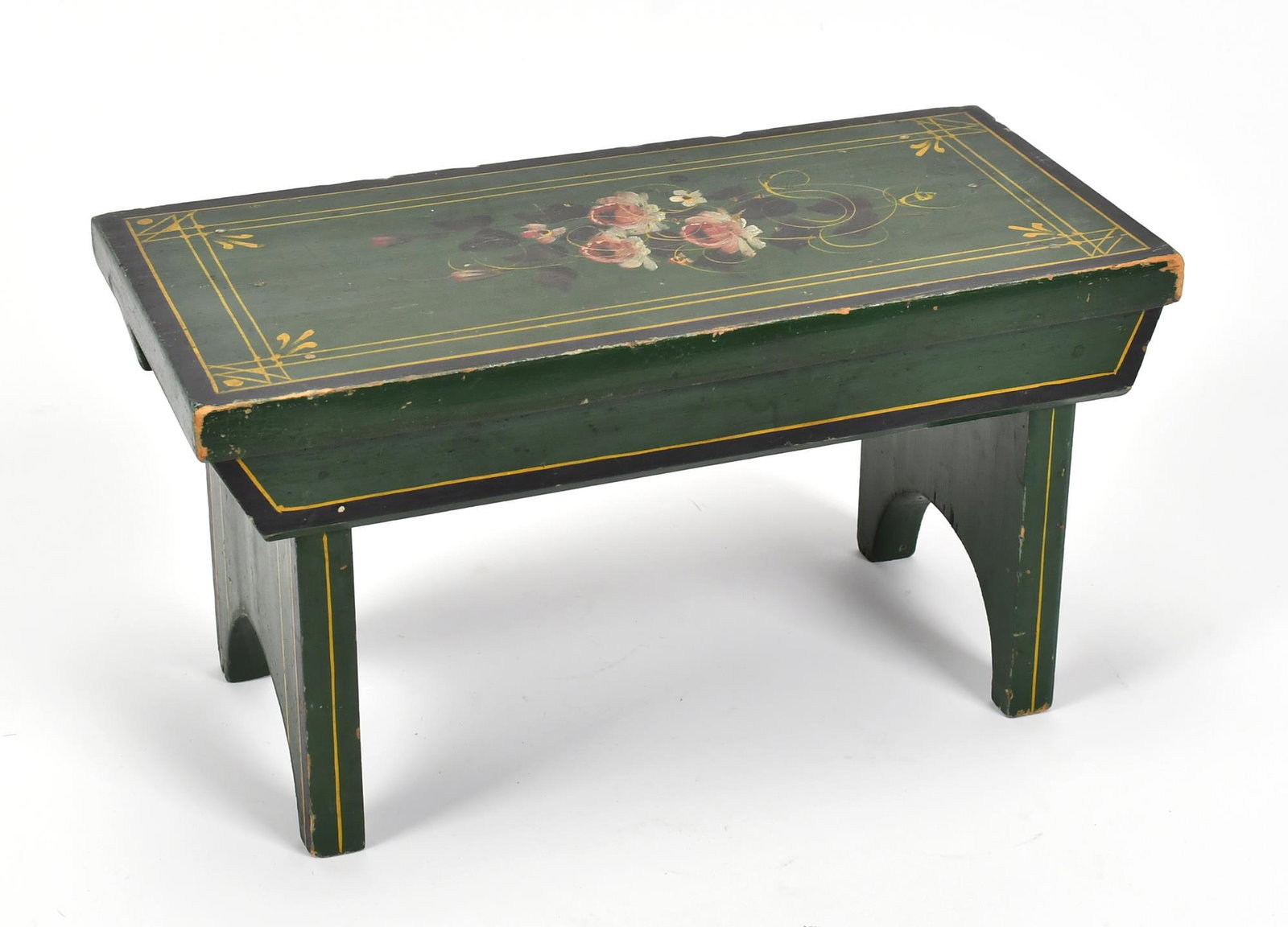 ANTIQUE PAINT DECORATED FOOT STOOL. (1 of 8)