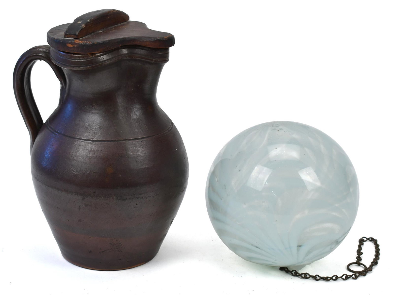 EARLY GLASS WITCHES BALL AND MOLASSES PITCHER. (1 of 9)