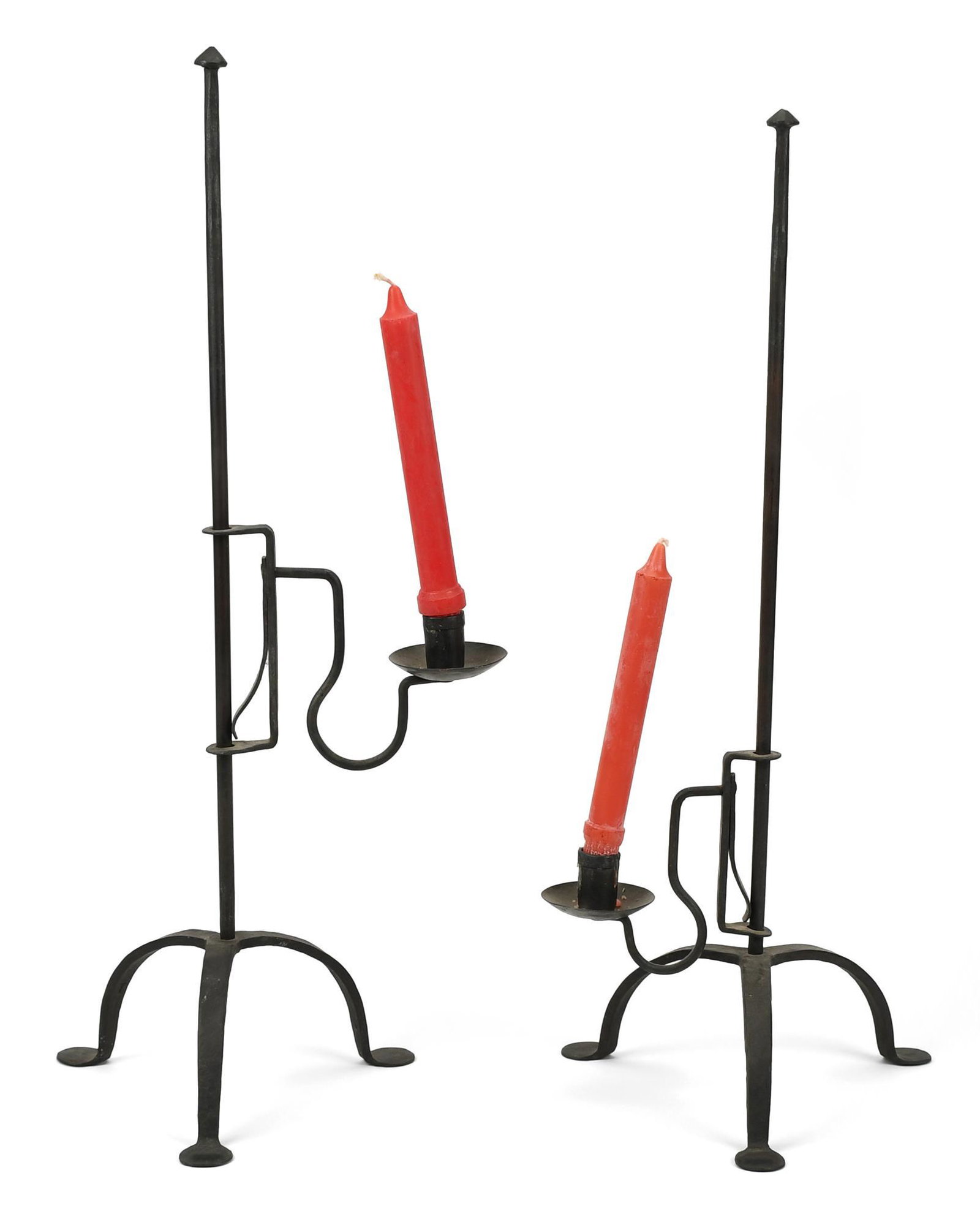 PAIR OF WROUGHT IRON ADJUSTABLE SLIDE CANDLESTICKS. (1 of 5)