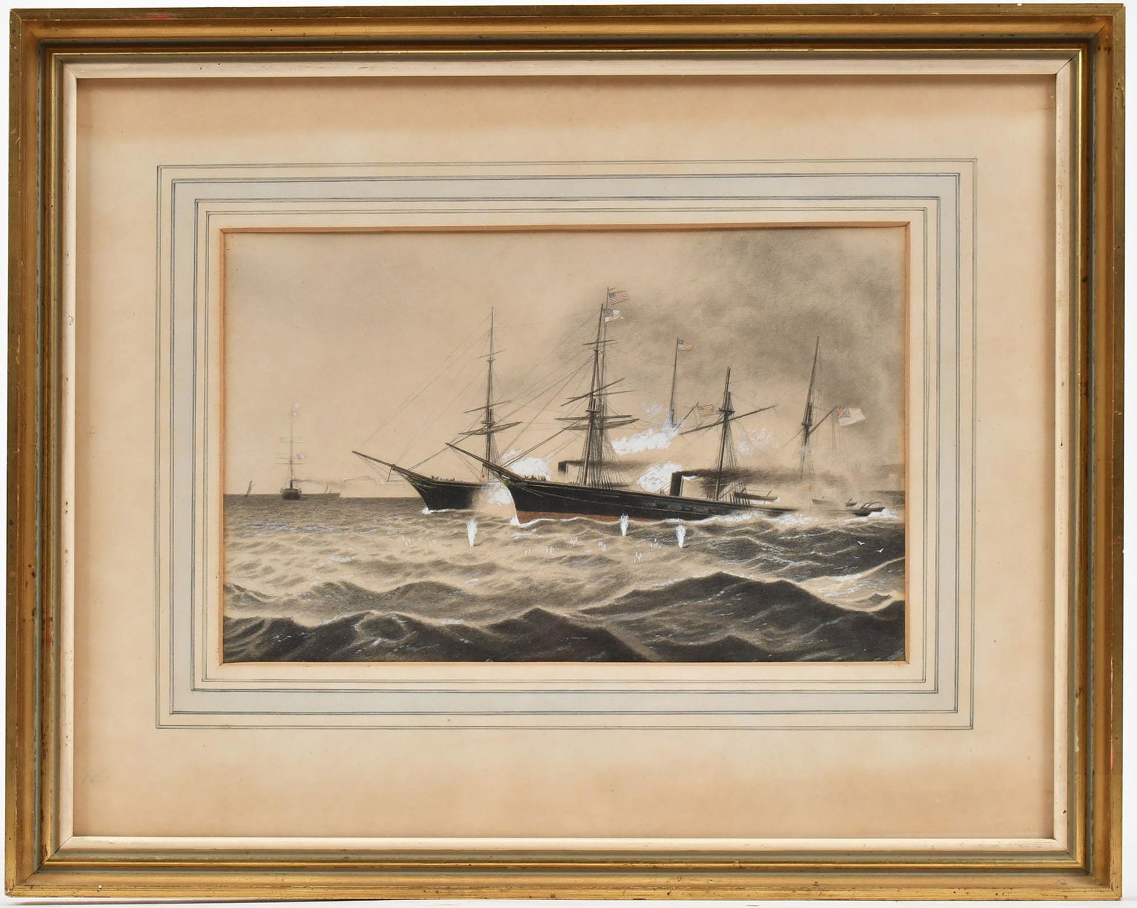 19TH C. CHARCOAL DRAWING, NAVAL BATTLE. (1 of 3)
