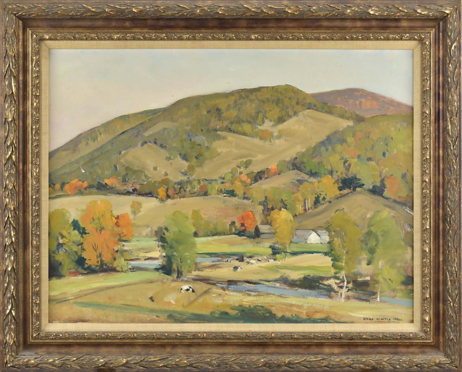 CHARLES CURTIS ALLEN OIL, NEW ENGLAND PASTURE.: Oil on canvas board, “New England Pasture”, signed lower right, Chas. Curtis Allen, with multiple gallery labels on reverse including Vose Galleries. Board 18” x 24”, Frame 24&