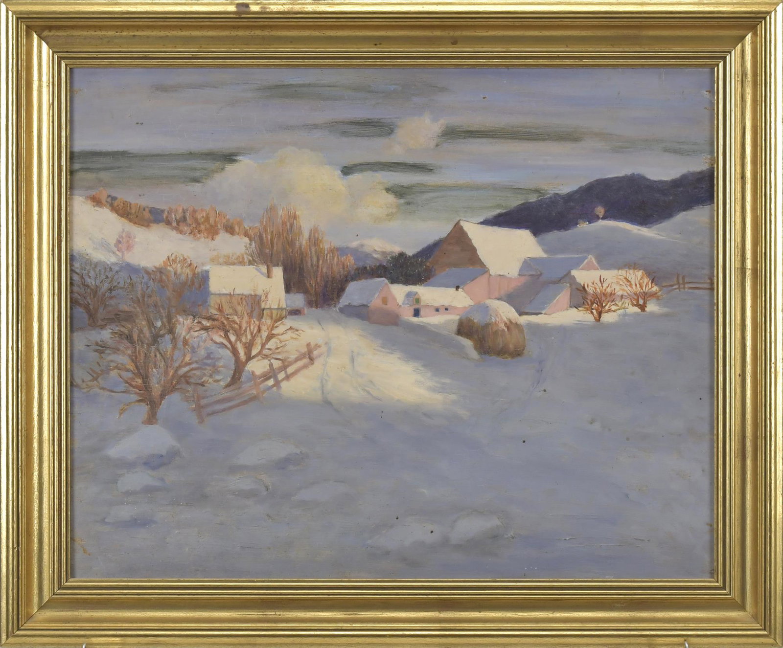 STEPHEN PARRISH OIL, WINTER LANDSCAPE.: Oil on board, winter landscape with pink barn. Unsigned study by Stephen Paris for his larger “Farm Buildings in Snow, 1923”. From a Cornish Colony estate, sold by William Smith Auctions i