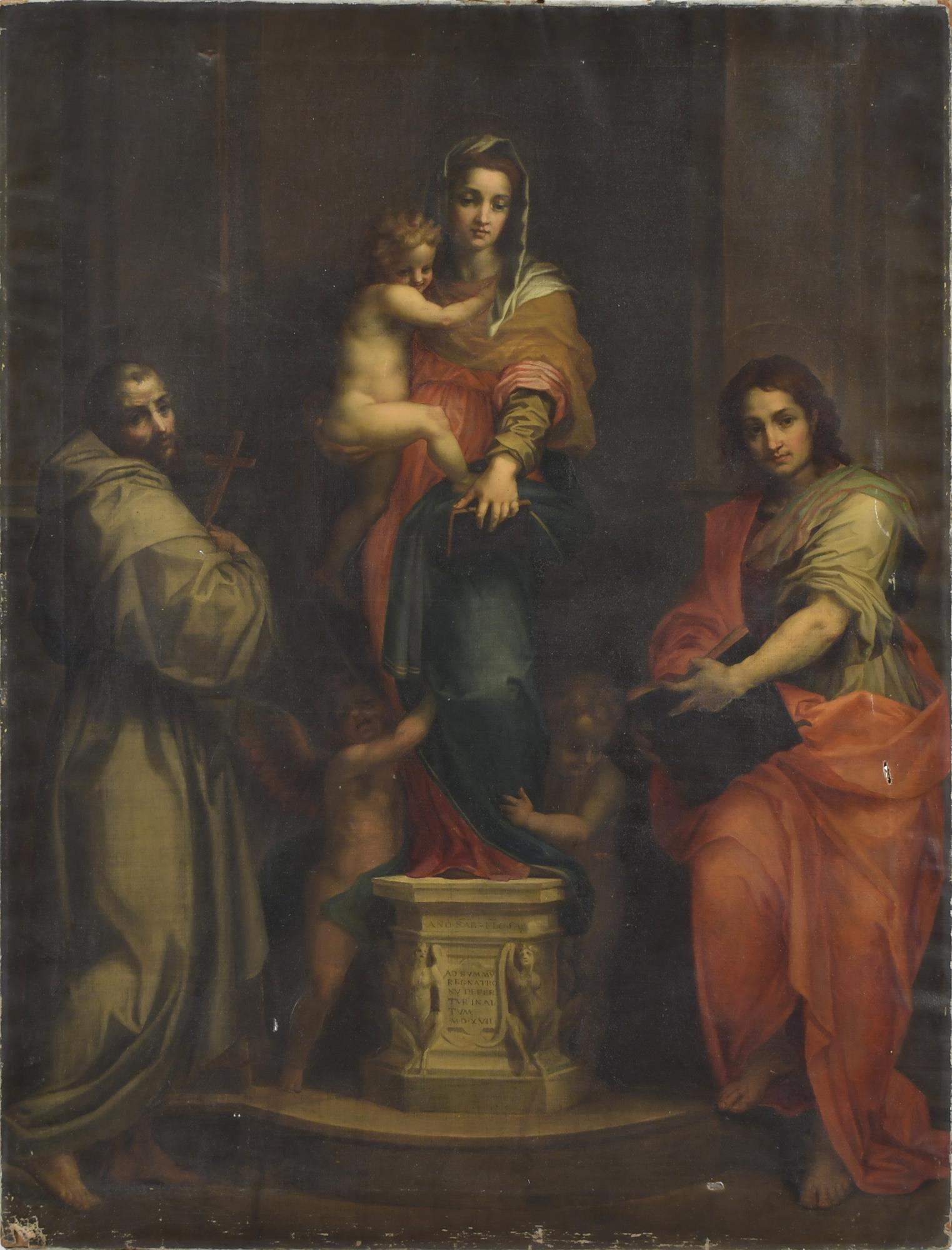 19TH C. COPY OF DEL SARTOâ€™S MADONNA OF THE HARPIES.: A fine 19th C. rendition of Andrea Del Sartoâ€™s 1517 â€œMadonna of the Harpies.” Unframed oil on canvas, image of virgin and child on plinth with saints and putto. With inscription on 