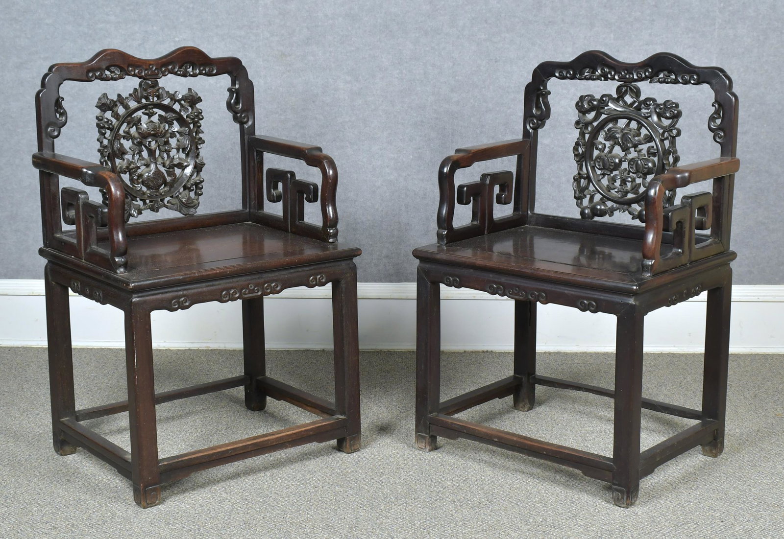 PAIR OF ANTIQUE CHINESE HARDWOOD CARVED CHAIRS. (1 of 9)