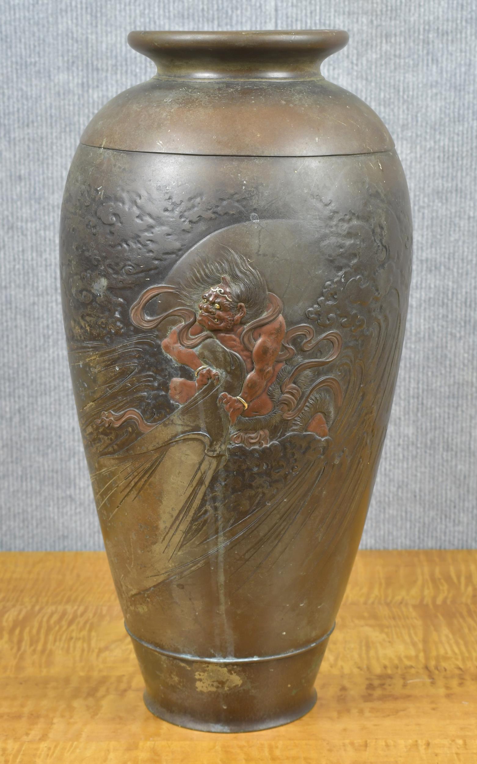 SIGNED JAPANESE MEIJI BRONZE MIXED METALS VASE. (1 of 10)