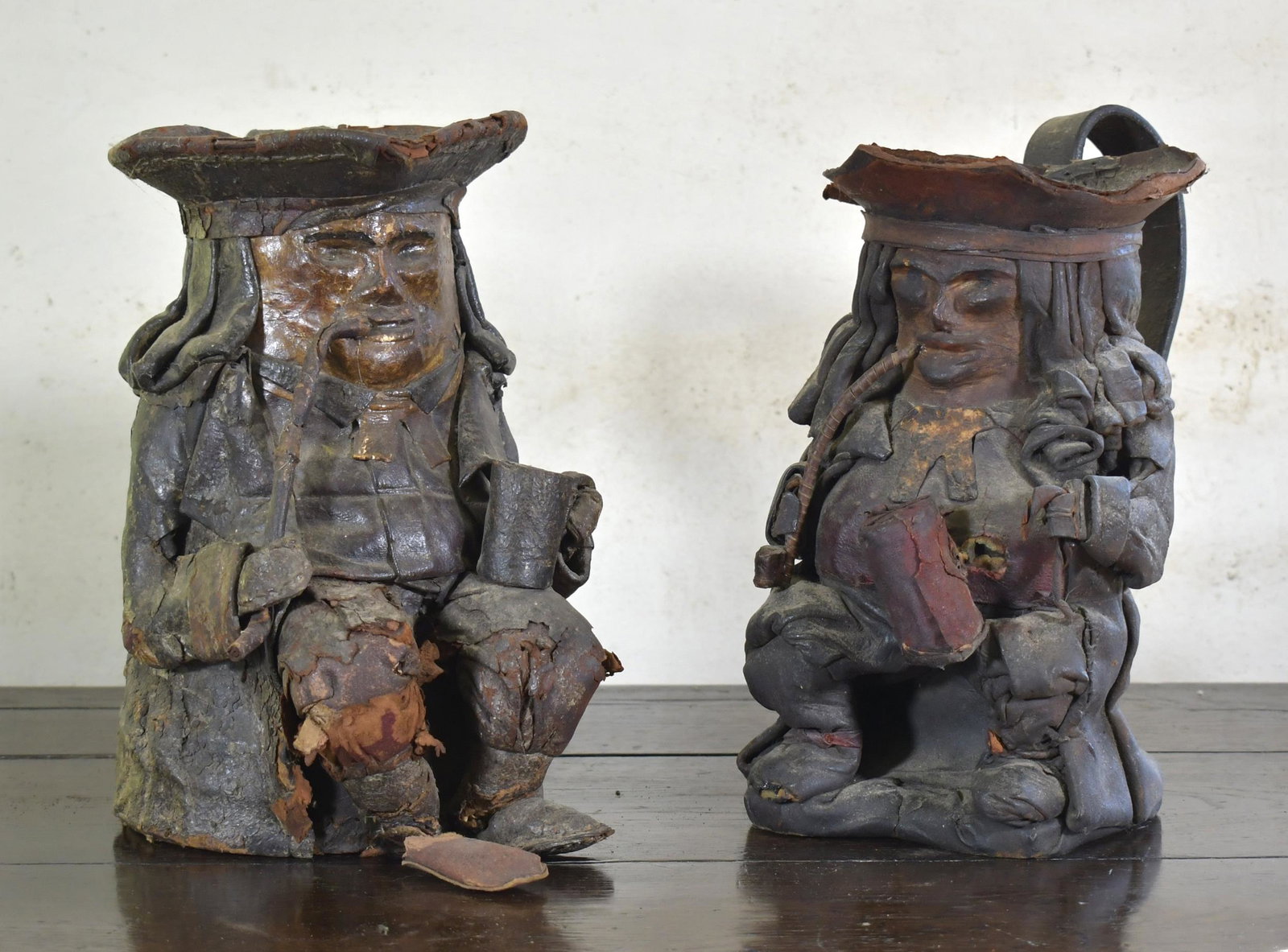 TWO 18TH C. LEATHER TOBY JUGS. (1 of 6)